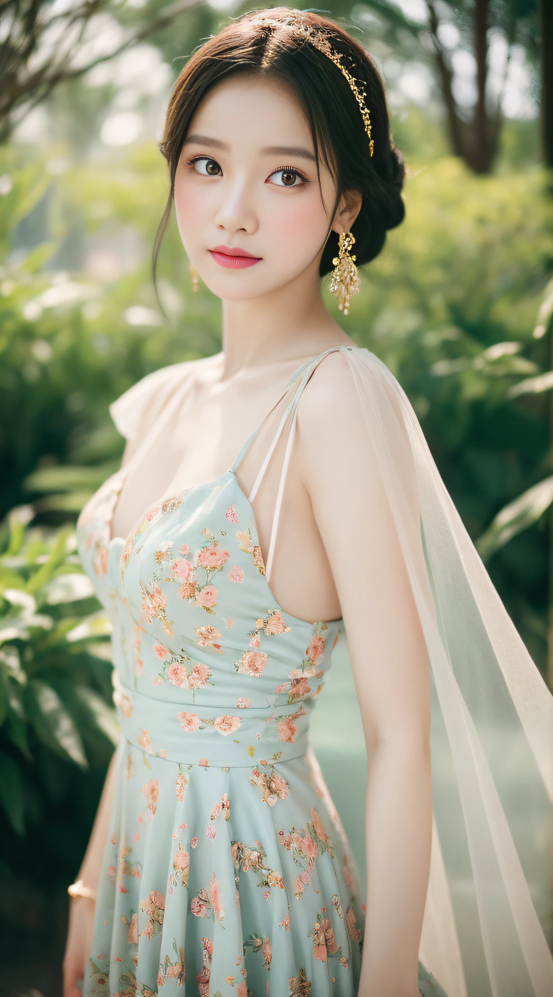 1girl, Floral motifs, luminous skin, enchanting gaze, embellished attire, natural lighting, shallow depth of field, romantic setting, dreamy pastel palette, whimsical details, captured on film
