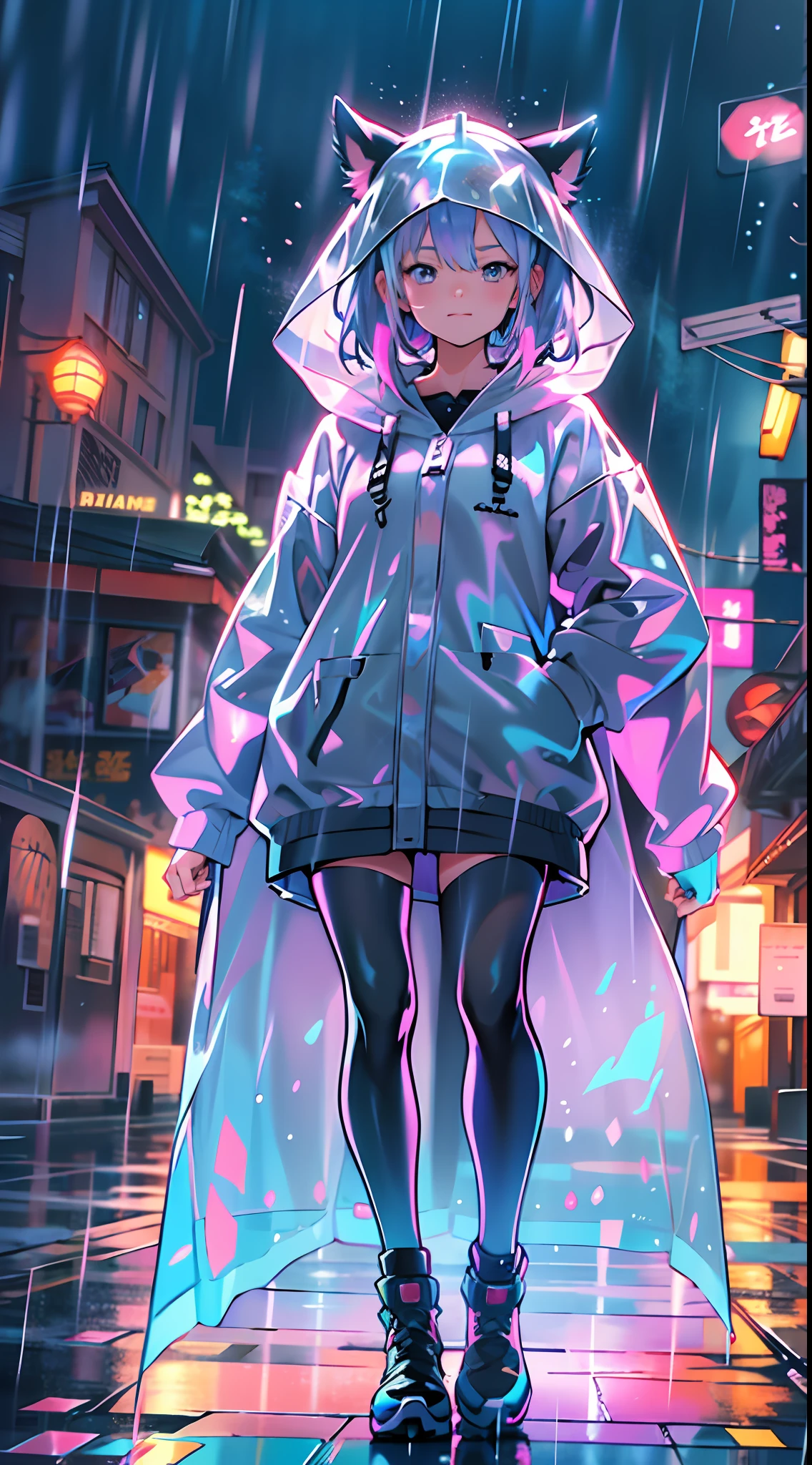 Anime cartoon silly girl standing in rain wearing long raincoat, illustration iridescent, magically glowing, shiny colorful, holograph, By Yuumei, Anime art wallpaper 8 K, Guviz-style artwork, Anime art wallpaper 4k, Anime art wallpaper 4 K, girl in raincoat, Beautiful anime artwork, Digital anime art, Guviz