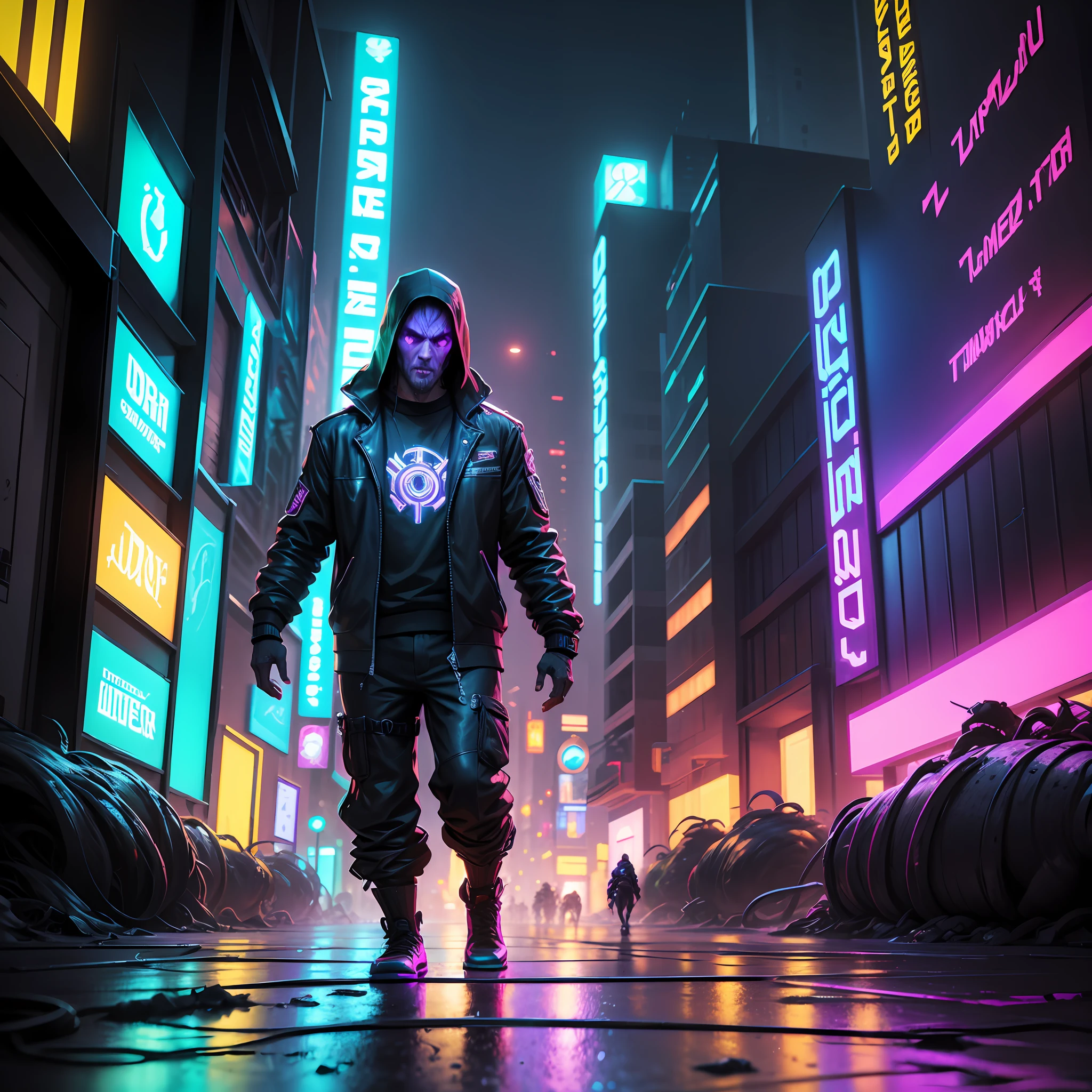 create concept art of a cyberpuck city for a top down zombie game not this futuristic, i want a world with cyberpunk vibe like neon lighting and reflections and all like bladde runner or john wick world