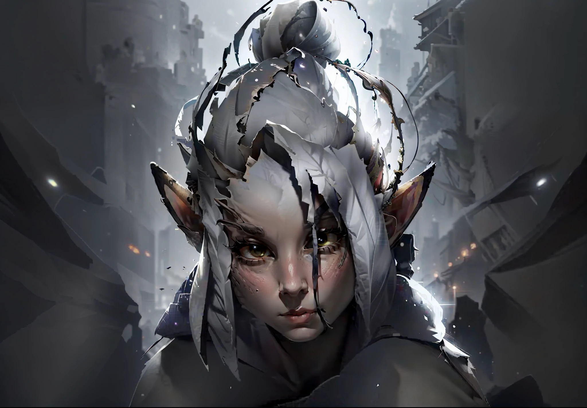 A female elf with a slight bow of her head，Beautiful and moving，There are enemies in the background