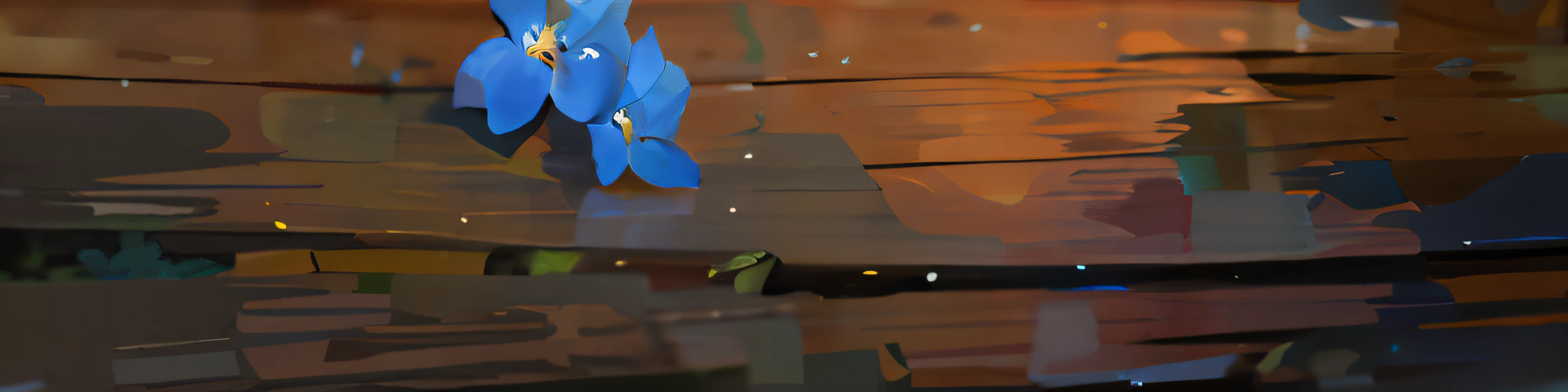 Wooden long tabletop，high definition detail，There are two blue flowers on it