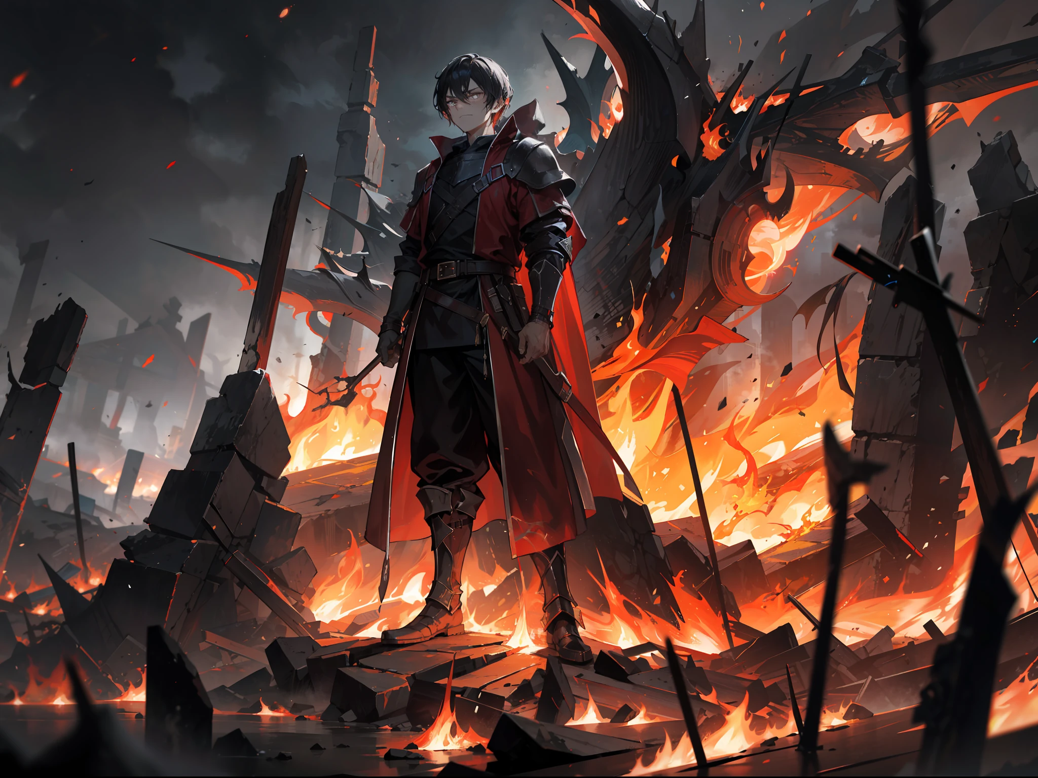 "4k Epic Fantasy Scene: An adult human, standing over the dark flames in the midst of a chaotic battlefield, their tear-stained face illuminated by flickering dark flames, surrounded by lifeless corpses."
