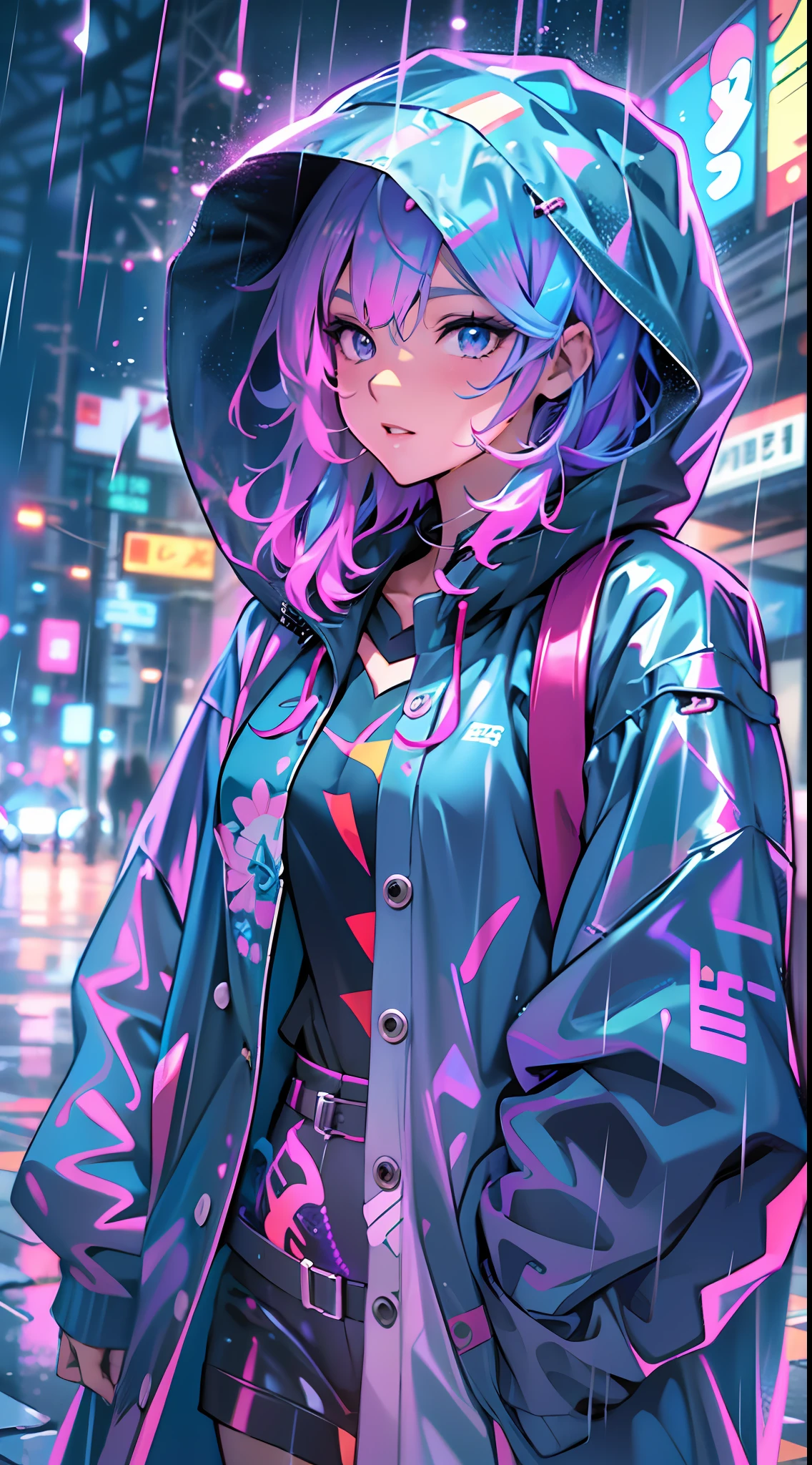 Anime cartoon silly girl standing in rain wearing long raincoat, illustration iridescent, magically glowing, shiny colorful, holograph, By Yuumei, Anime art wallpaper 8 K, Guviz-style artwork, Anime art wallpaper 4k, Anime art wallpaper 4 K, girl in raincoat, Beautiful anime artwork, Digital anime art, Guviz