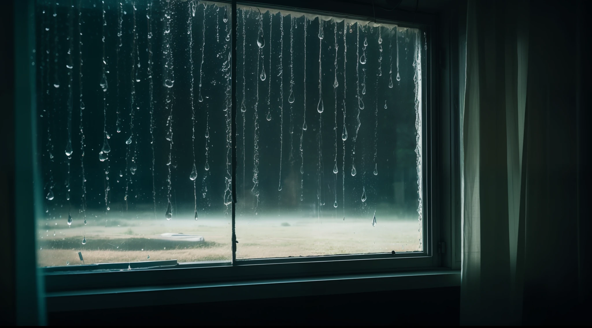 inside in room, View from inside, It's raining hard outside the window, Water droplets stick to the window, a dark night, Foggy, sony a7, film gain, Cinematic lighting, Photorealistic, one-point perspective, 32K, diffuse reflection, colorful shiny particles, Lens Flare, sharp reflection light