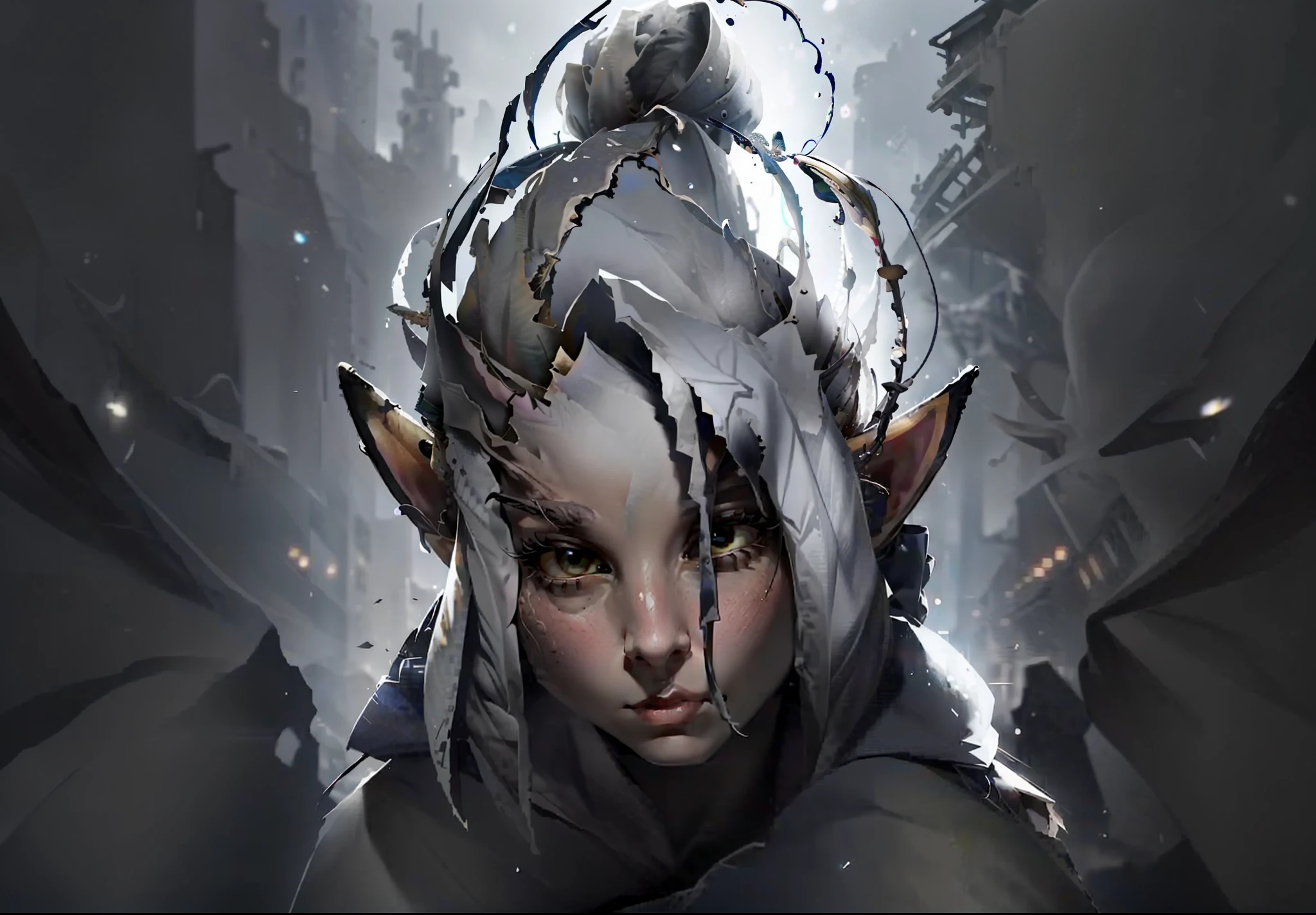 A female elf with a slight bow of her head，Beautiful and moving，There are enemies in the background