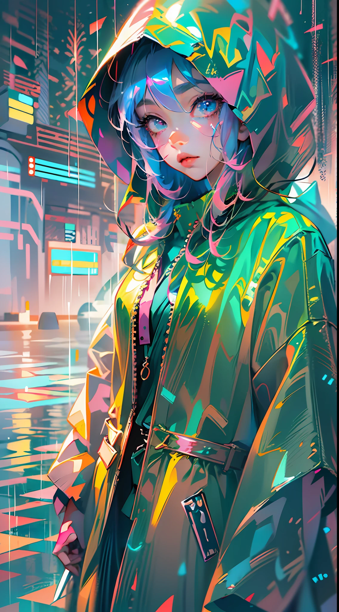 Anime cartoon silly girl standing in rain wearing long raincoat, illustration iridescent, magically glowing, shiny colorful, holograph, By Yuumei, Anime art wallpaper 8 K, Guviz-style artwork, Anime art wallpaper 4k, Anime art wallpaper 4 K, girl in raincoat, Beautiful anime artwork, Digital anime art, Guviz