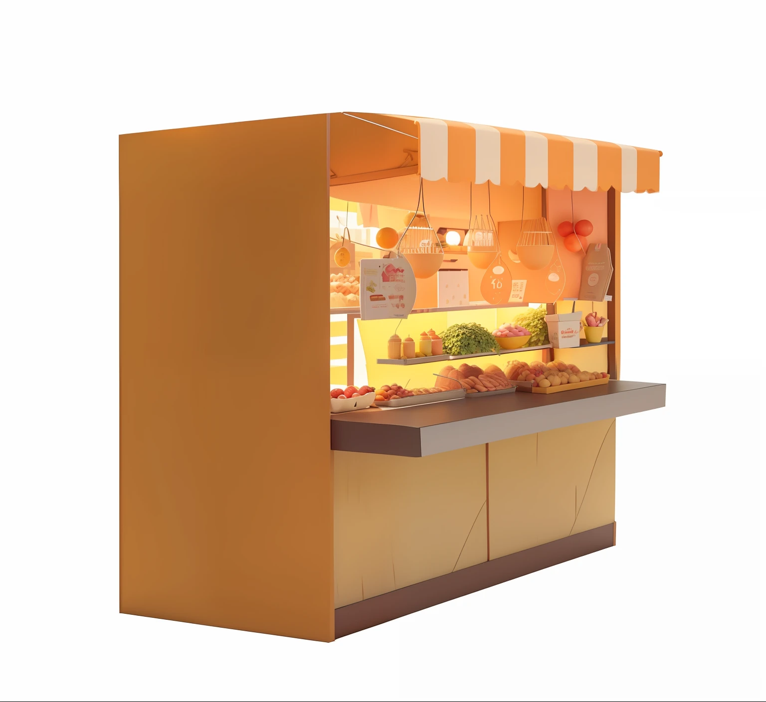 C4D,3D,solid,Three-thirds of the side,cartoony,Cartoon illustration of wooden bracket with orange and yellow awning, food stall, market stall,Merchant booths, Food stalls, Stand, Simple cartoon style, MarketaB, marketplace, red and brown color scheme, Simple illustration