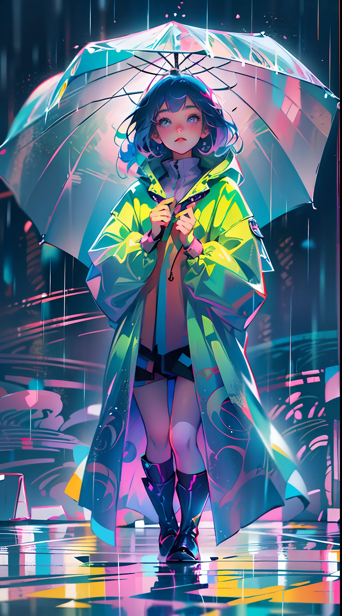 Anime cartoon silly girl standing in rain wearing long raincoat, illustration iridescent, magically glowing, shiny colorful, holograph, By Yuumei, Anime art wallpaper 8 K, Guviz-style artwork, Anime art wallpaper 4k, Anime art wallpaper 4 K, girl in raincoat, Beautiful anime artwork, Digital anime art, Guviz