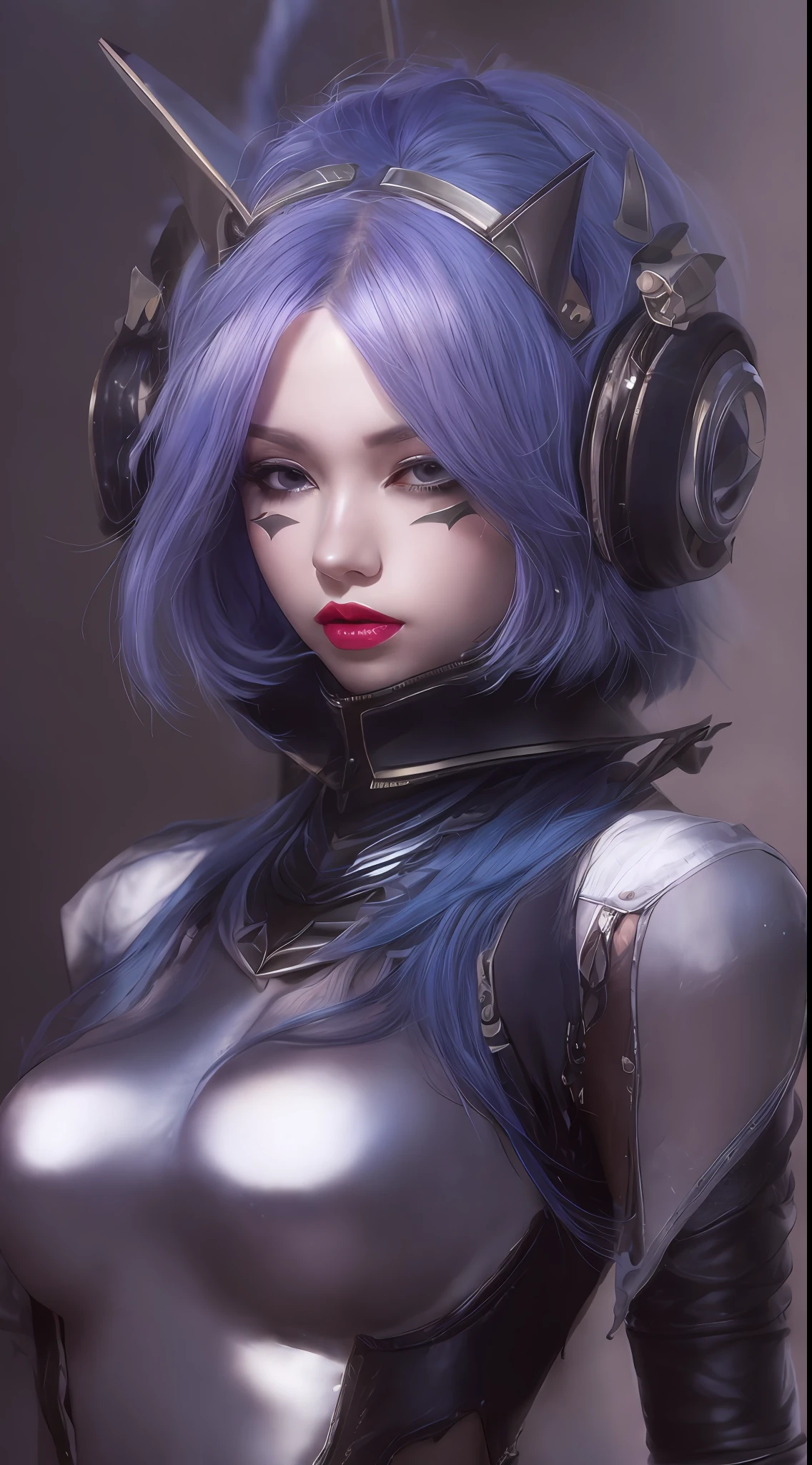 1girll，cropped shoulders，black masked，blond hairbl，cleavage，鎖骨，shift dresses，耳Nipple Ring，Blindfolds，Fur trim，huge tit，jewely，huge tit，long whitr hair，looking at viewert，Masks，one eye covered，a purple eye, ssmile, Solo, full bodyesbian, exteriors, cyber punk perssonage,(Masterpiece:1.4),(Best quality:1.4),(Shiny skin),Redlip,Mature female