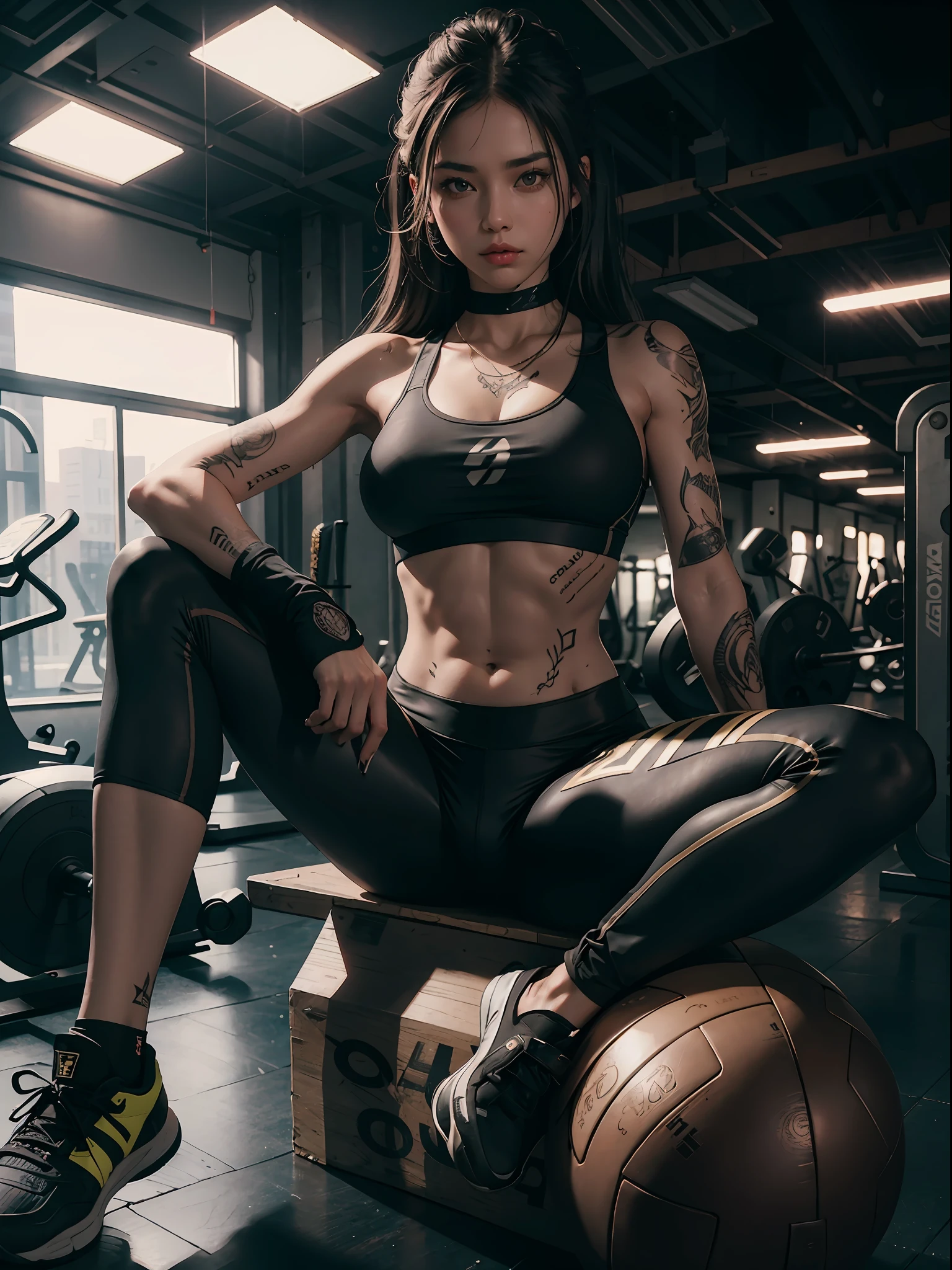 (best quality) Detailed sportswear girl, sitting on the gym floor, spread legs, wearing an intricate leggings and sports bra, highlighting the slight abs, while the chest tattoo adds a cinematic touch to the scene amidst the black tattoo, and cinematic lighting perfects the overall ambiance.