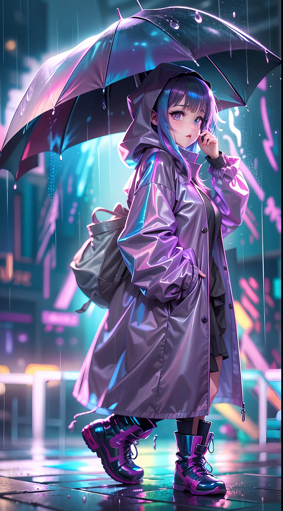 Anime cartoon silly girl standing in rain wearing long raincoat, illustration iridescent, magically glowing, shiny colorful, holograph, By Yuumei, Anime art wallpaper 8 K, Guviz-style artwork, Anime art wallpaper 4k, Anime art wallpaper 4 K, girl in raincoat, Beautiful anime artwork, Digital anime art, Guviz