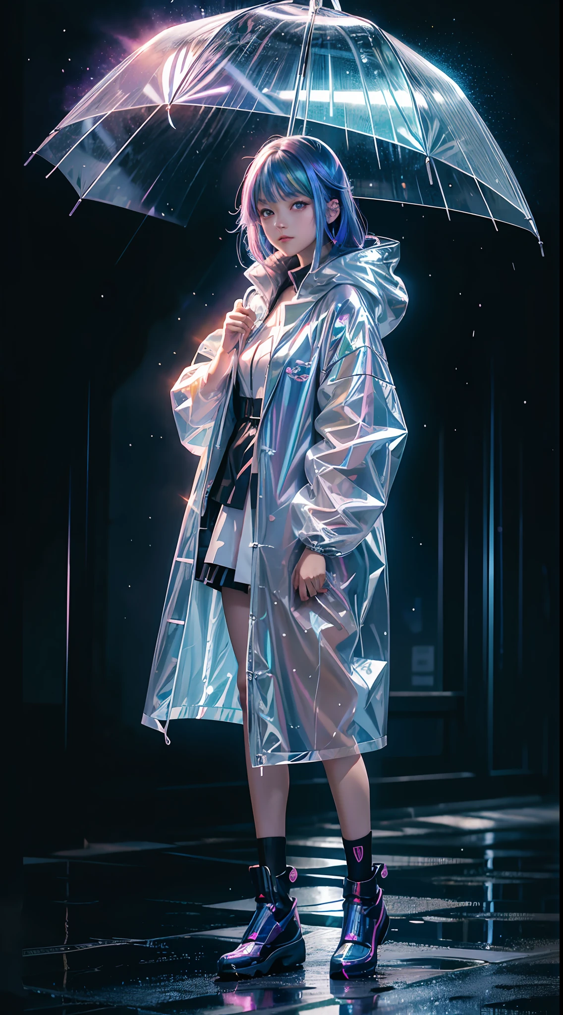 Anime girl standing in rain in raincoat, illustration iridescent, magically glowing, shiny colorful, holograph, By Yuumei, Anime art wallpaper 8 K, Guviz-style artwork, Anime art wallpaper 4k, Anime art wallpaper 4 K, girl in raincoat, Beautiful anime artwork, Digital anime art, Guviz