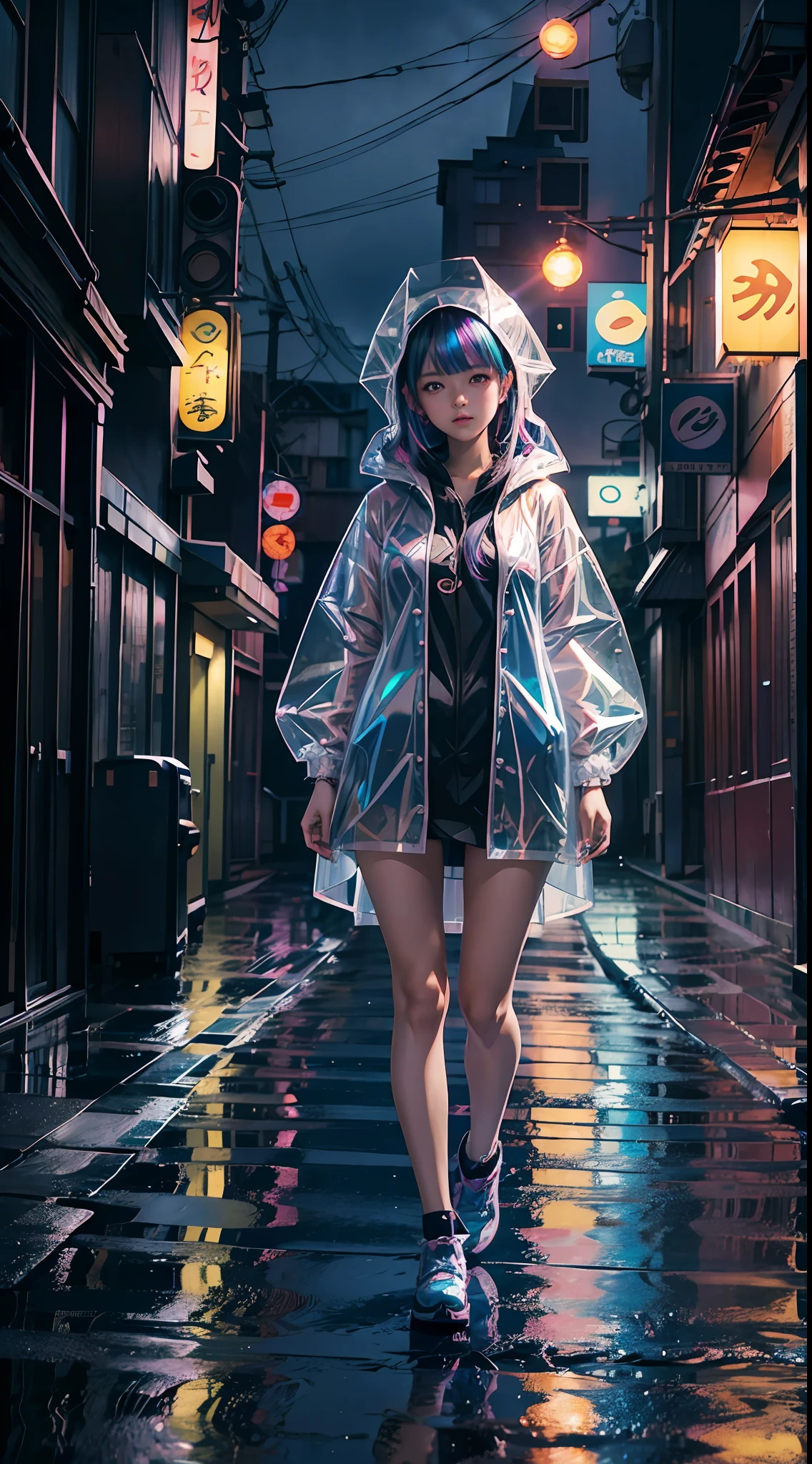 Anime girl standing in rain in raincoat, illustration iridescent, magically glowing, shiny colorful, holograph, By Yuumei, Anime art wallpaper 8 K, Guviz-style artwork, Anime art wallpaper 4k, Anime art wallpaper 4 K, girl in raincoat, Beautiful anime artwork, Digital anime art, Guviz