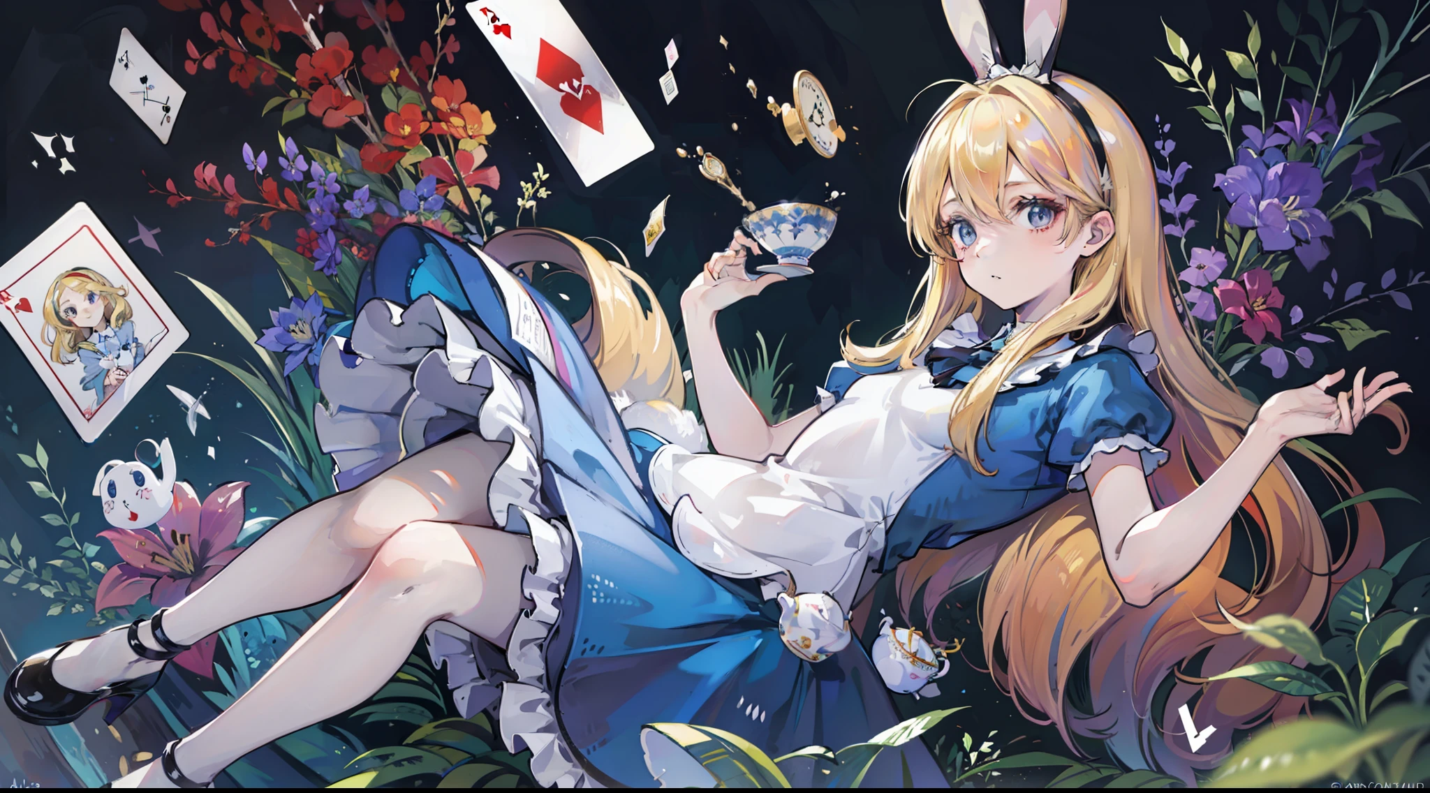 masutepiece, Fine detail, 4K, 8K, 12K, Solo, Solo, Beautiful Girl, caucasian female,a blond、long、Rabbit ear headband、 Alice in Wonderland, PlayingCards, teacup, alice in the wonderland、児童書