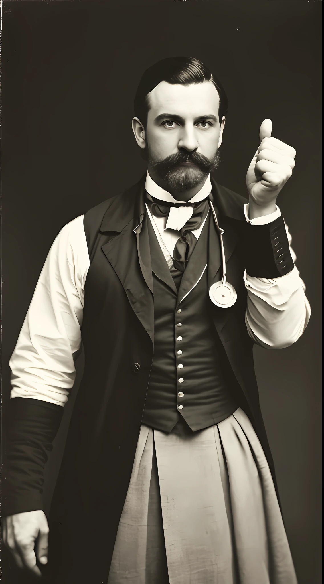 {A Victorian-era doctor with extremely muscular arms, giving a thumbs up. The doctor is adorned in authentic 19th-century doctors attire, with a stethoscope hanging casually from his neck. His facial expression reflects concern}, Black & White Photograph, Vintage Style, Classic Portraits, Camera: 35mm, Shot: Medium Shot, Render: (High Resolution:1.2), (Detail:1.3), (Soft Light:1.15)