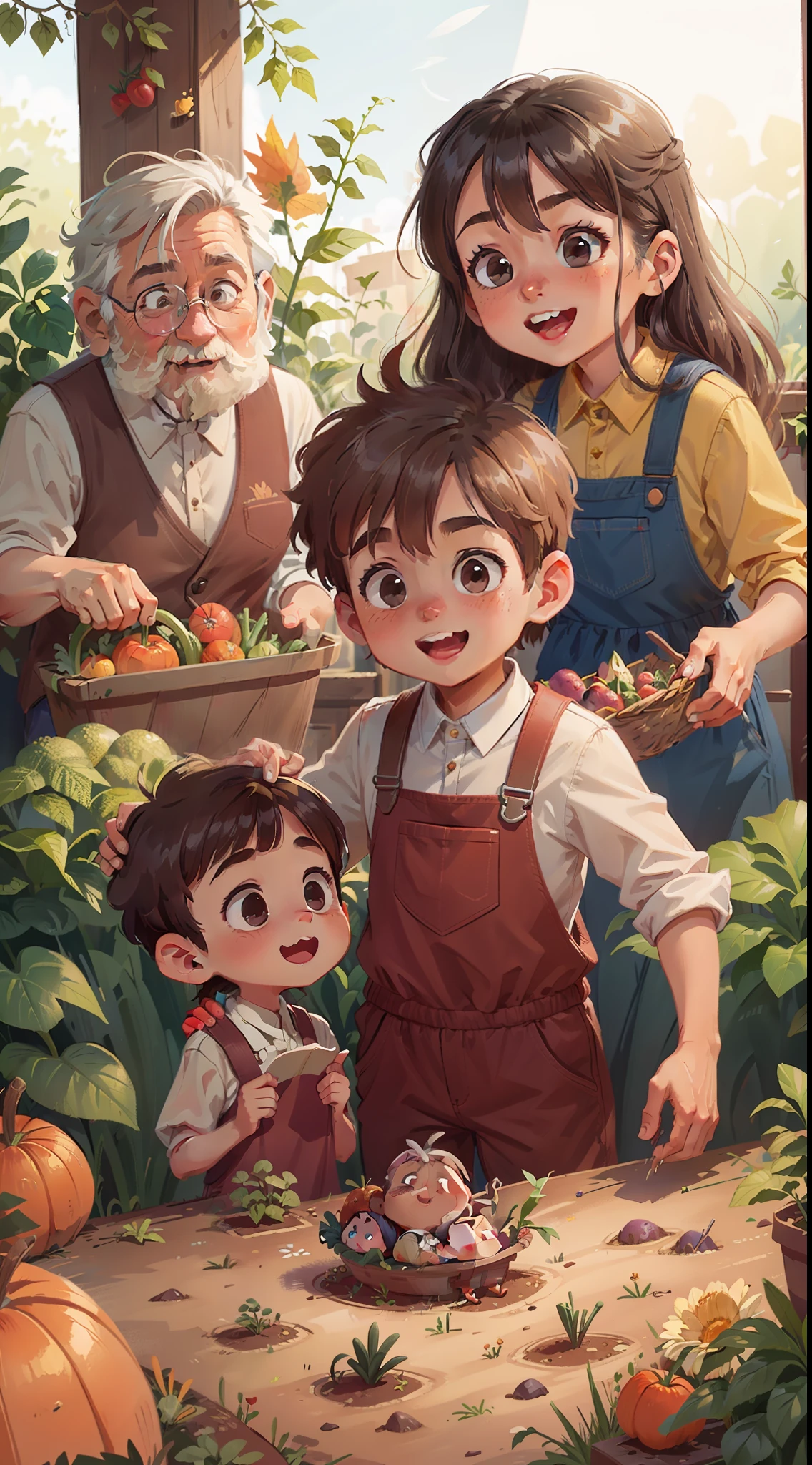 autumnal,Grandpa's vegetable garden,harvest。Gray-haired grandfather,Brown-haired boy ,Brown-haired girl 6 years oldo grow vegetables,intriguing,Facial features,cheerfulness,high high quality。
