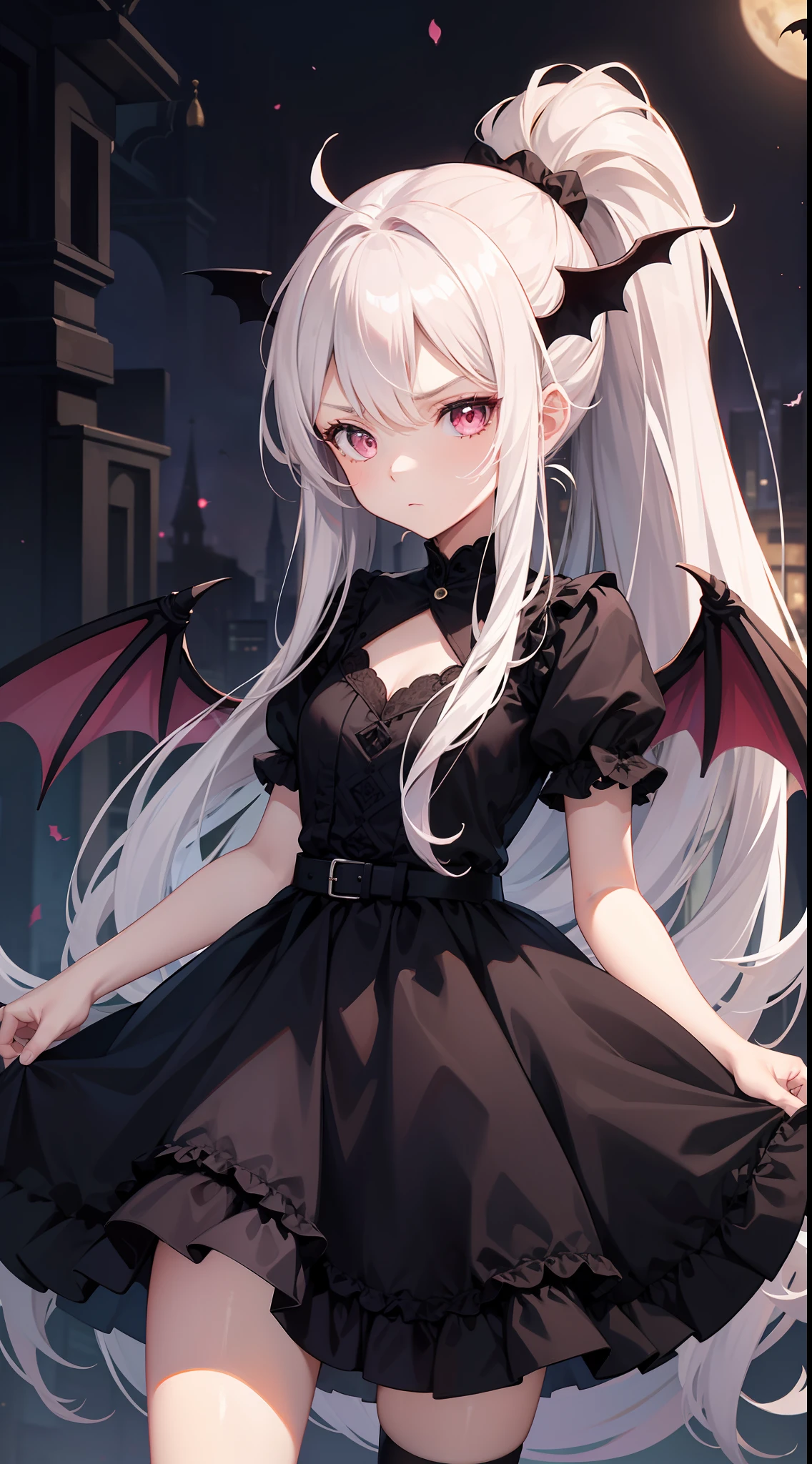 young girl, Long white hair, high ponytail, pink eyes, Bat wings, Black dress, Disgruntled look, Masterpiece, hiquality
