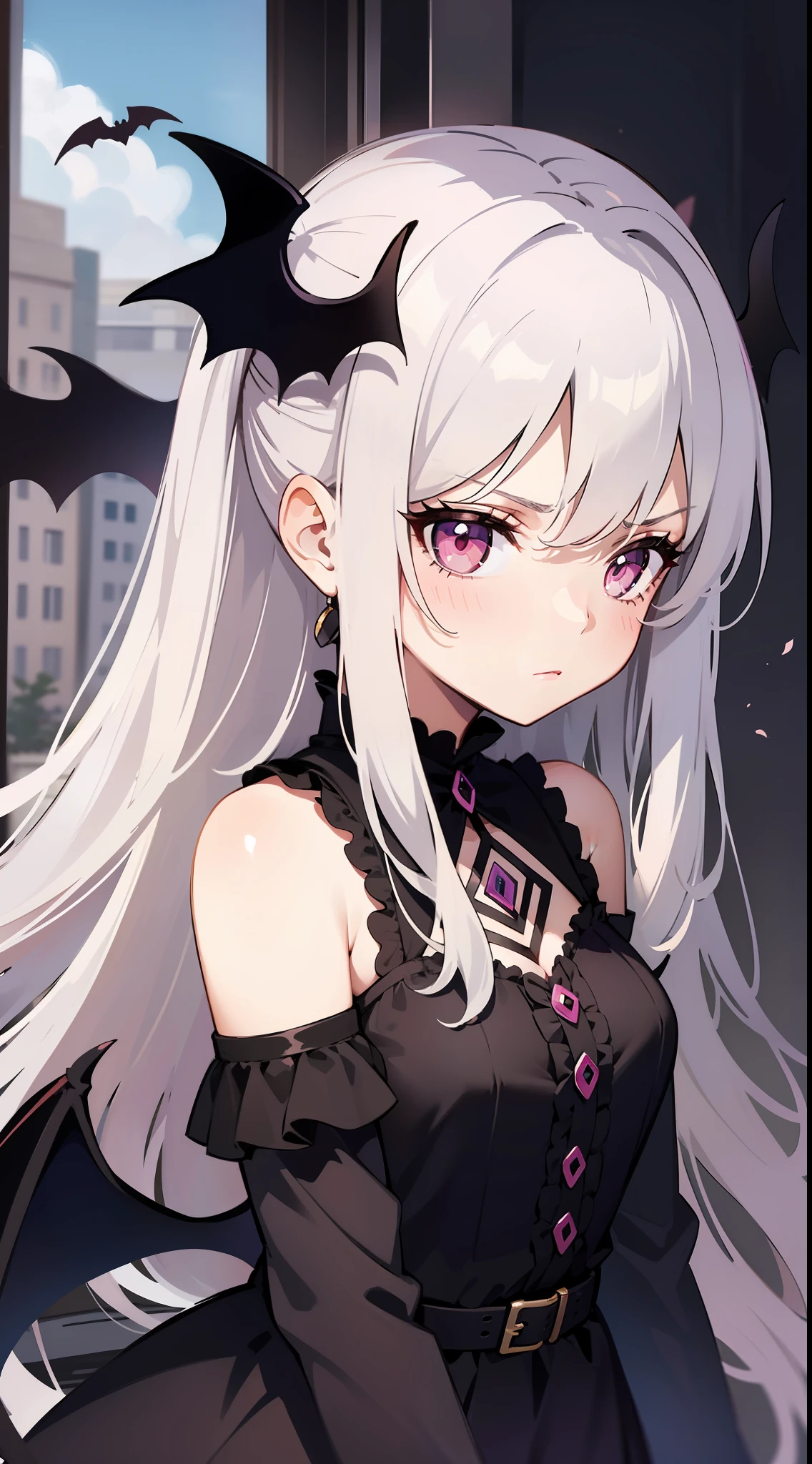 young girl, Long white hair, high ponytail, pink eyes, Bat wings, Black Dress, Disgruntled look, Masterpiece, hiquality