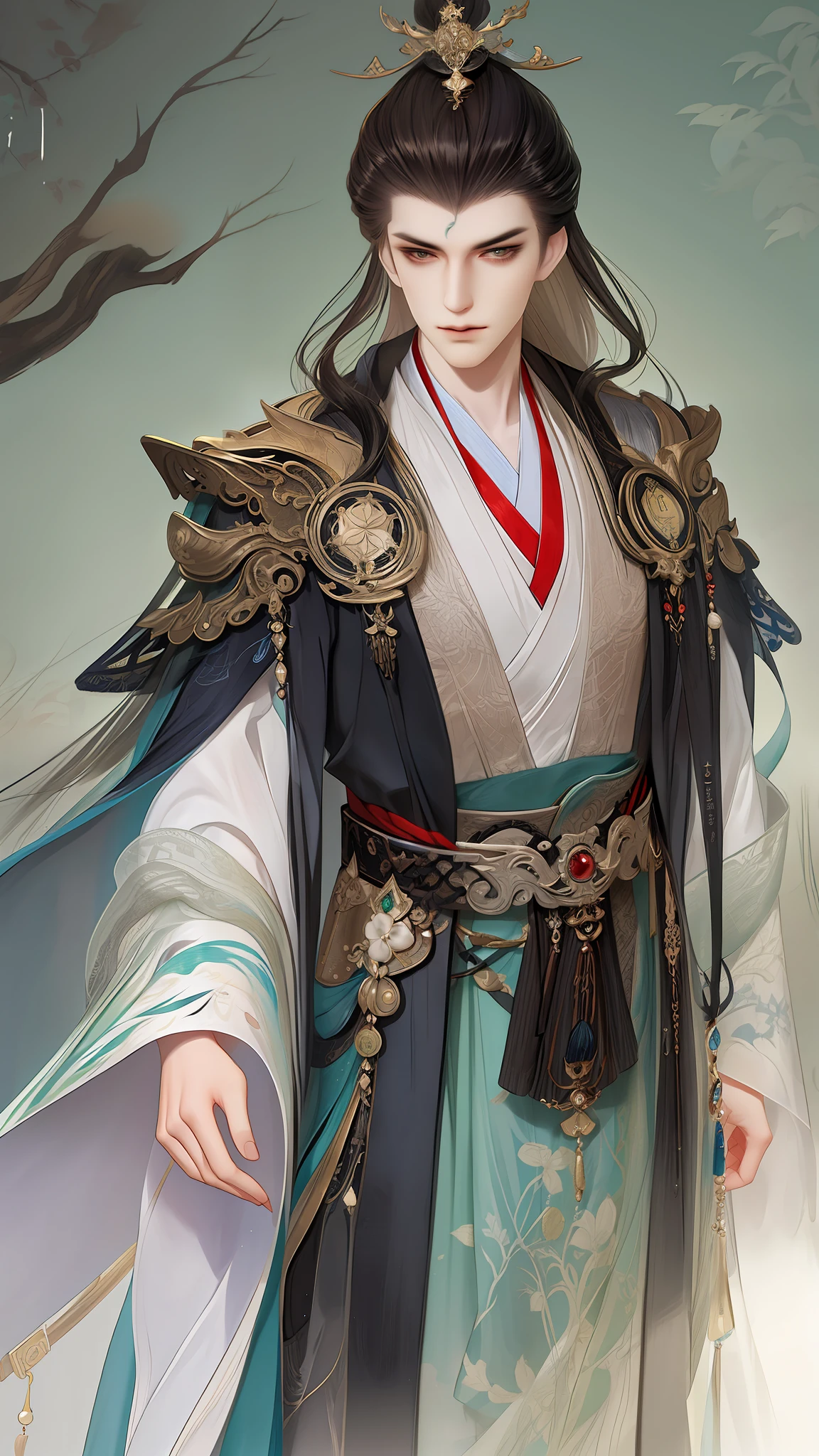 best qualtiy，tmasterpiece，highly detailed wallpaper，1 man，Character standing drawing，malefocus，brunette color hair，long whitr hair，Kingly temperament，详细的脸，gorgeous hair accessory，looking at viewert，Hanfu，超高分辨率，sketching，ink wash style