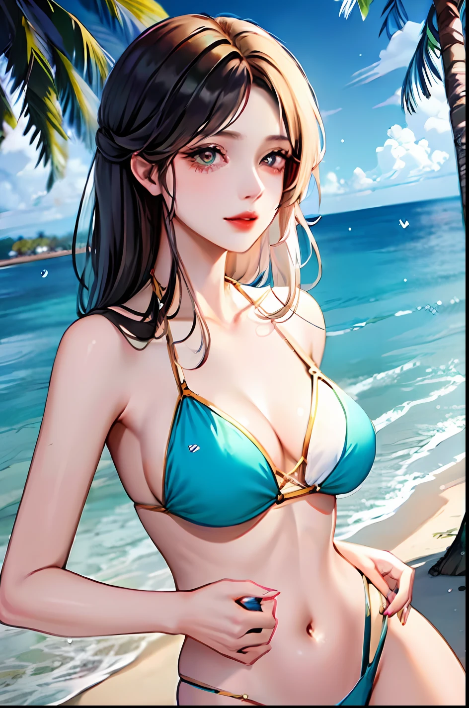 High picture quality ,There is a beautiful woman in a sexy bikini on the beach,Coconut trees nearby,There are a little water droplets on the body