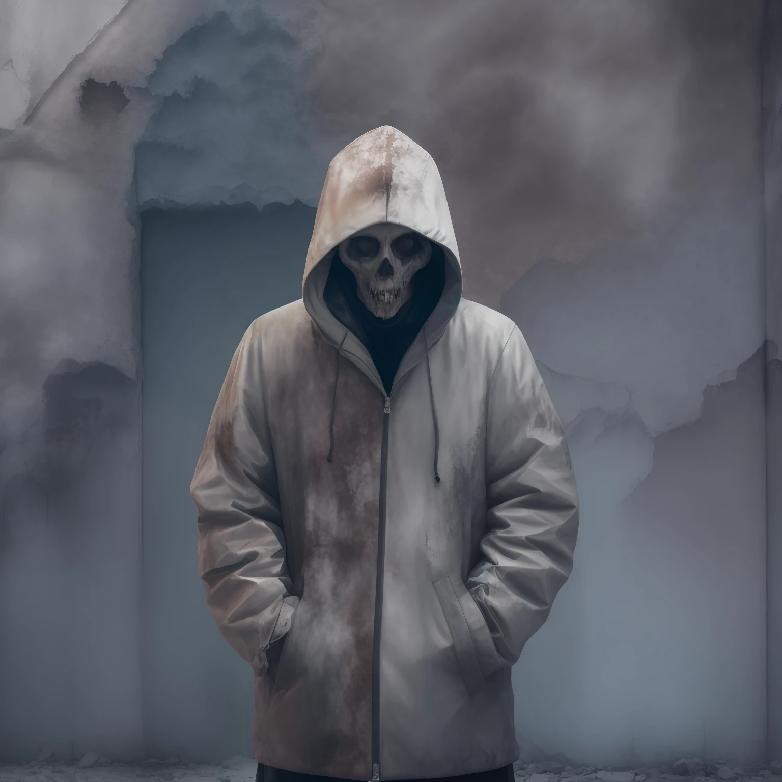 Create an ultra-wide photo of a decrepit zombie wearing an Adidas coat and hood, set against an abstract background. The overall style of the image should be a minimalist fashion with an Artgem twist. The zombie should be rendered in a decrepit and cadaveric style, with a focus on creating a sense of horror and decay. The Adidas coat and hood should be rendered in high detail, with a focus on capturing the texture and style of the clothing. The background of the image should be an abstract design, with a focus on creating a sense of depth and contrast to the foreground. The image should be rendered in a wide format, with a focus on creating a sense of scale and drama to the scene.