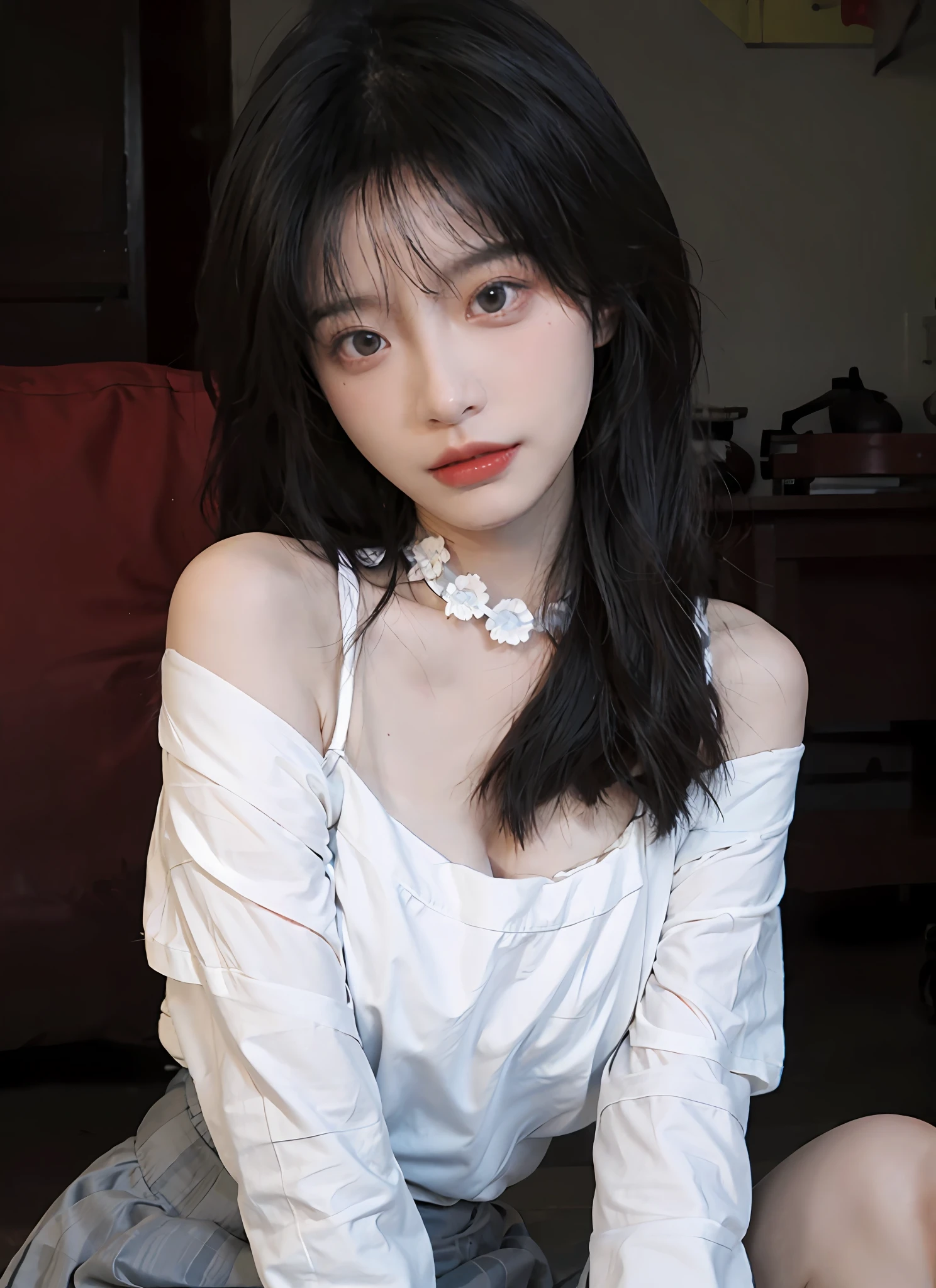 best qualtiy， 超高分辨率， （realisticlying：1.4）， 2girls， A pair of clear and moving peach blossom eyes,Royal Sister，Off-shoulder white shirt， Black tight skirt， a black choker， （Faded gray-gray hair：1）， （：1.2）， looking at viewert， closeup cleavage ，