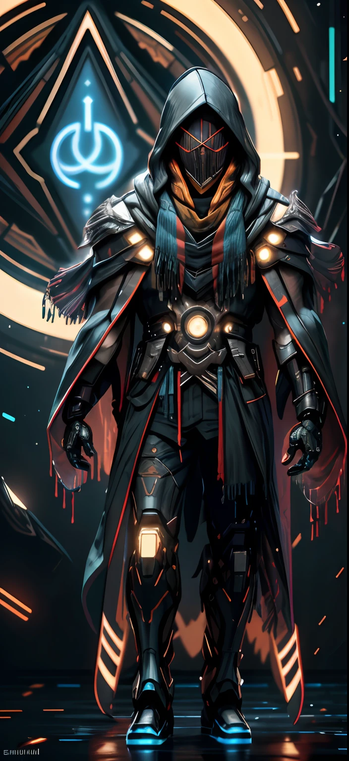 realistic,shiny,reflective,bioluminic, galactic cybernetic mask,mecha,(assassin:1.2),((((scarf,long cloak)))),sh4g0d,GlowingRunes_red,fullbody,cinemnatic,dark background,starry,big moon,backlight,high contrast,