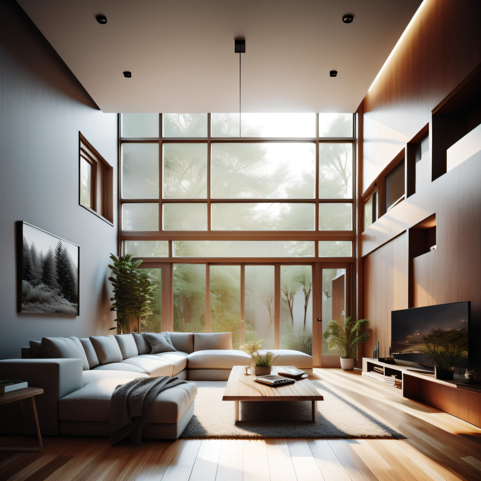 Interior design,insanely detailed wide angle architecture photography, cozy contemporary living room,(bright warm sunlight 1:0.1), award-winning contemporary interior design, scenery, table, chair, indoors, wooden floor, window, restaurant, east asian architecture, sliding doors, lamp, architecture, forest, nature, cup, plant,INTERIOR DESIGN,intersting lights and shadows, Depth of Field,low light, ,