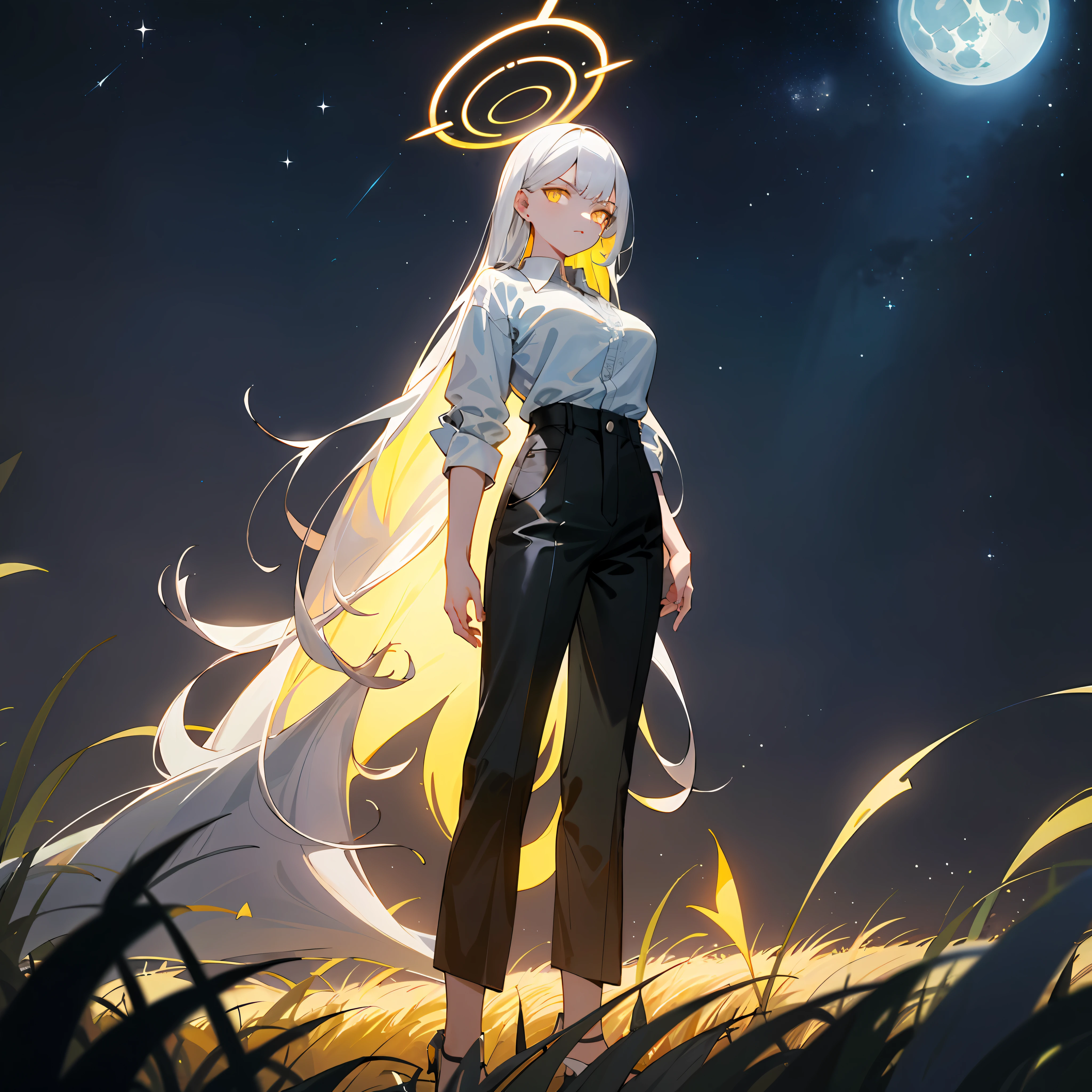 1((masterpiece,best quality,highest quality,illustration,intricate details)),white hair, white halo, blue archive style halo, standing, white shirt, long black pants, white high heels, big breasts, (long hair), 1girl, yellow eyes, good eyes, glowing yellow eyes, normal eyes, Serious face, night,stars, full moon, overlook,kingdom, panorama, landscape,field, rural, looking at viewer,