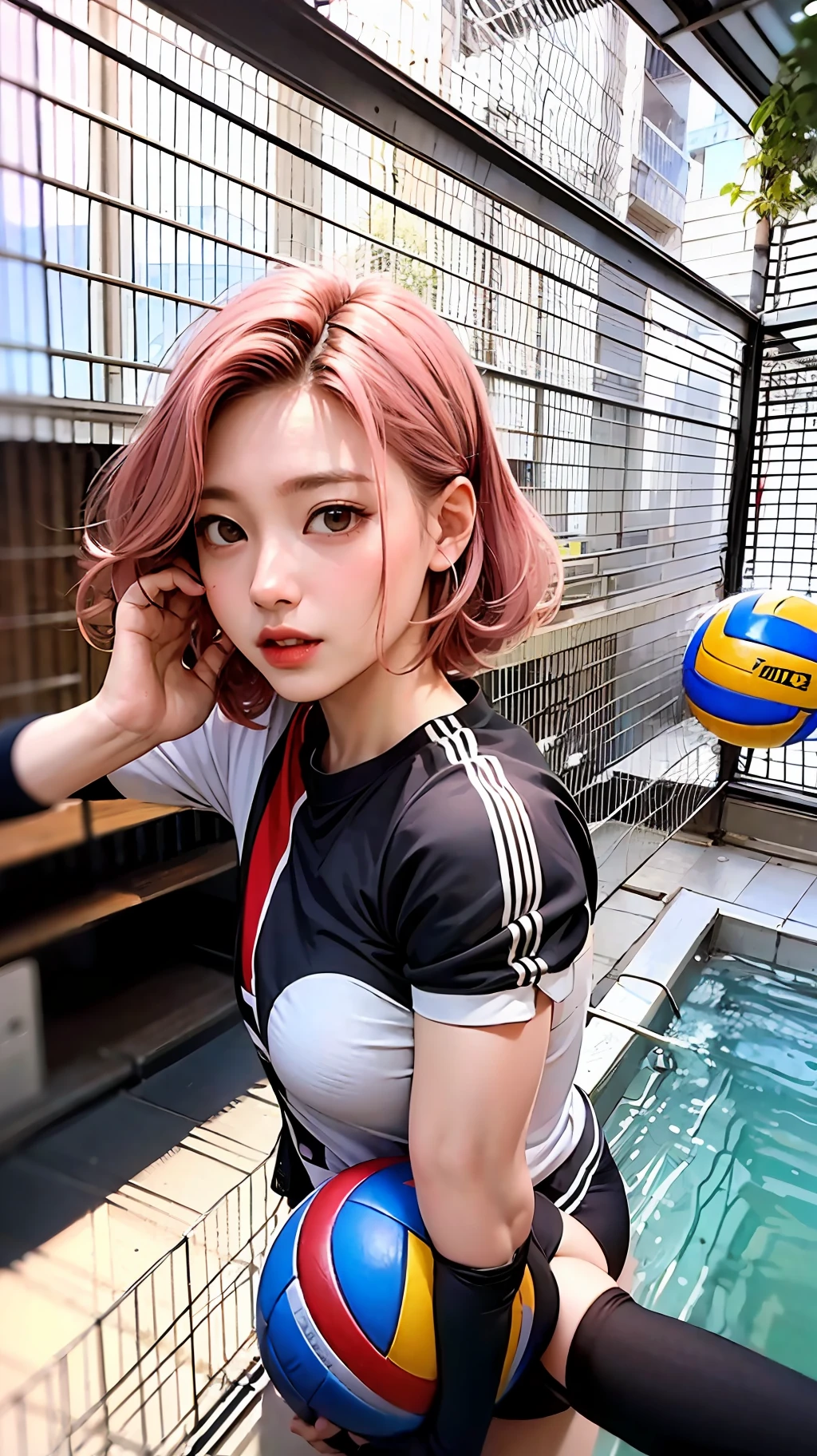 top-quality、masterpiece、超A high resolution、1 girl in、15yo student、Braided shorthair、A pink-haired、Volleyball tight uniform、Playing volleyball spikes、