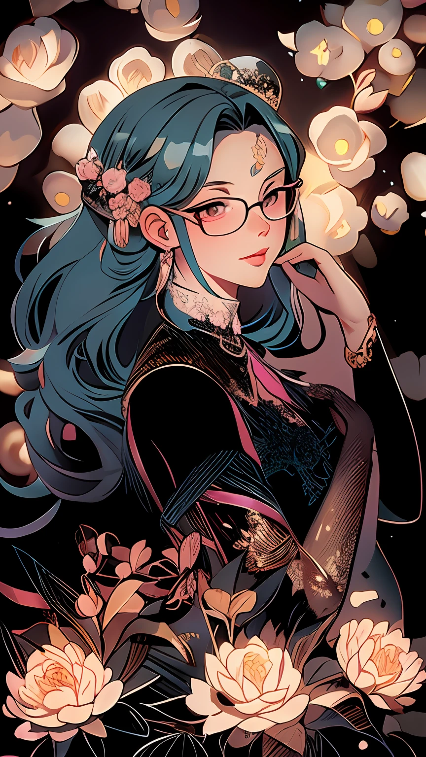 drawing of a woman with blue hair and glasses with flowers in her hair,korean art nouveau anime, beautiful anime artwork, artgerm and james jean, anime art nouveau, beautiful anime art, the flower prince, a beautiful artwork illustration, detailed anime character art, digital art on pixiv, anime fantasy illustration, detailed digital anime art, beautiful fantasy anime, clean detailed anime art, 2 d anime style, decora inspired illustrations, inspired by Yumihiko Amano, anime girl with teal hair, anime style portrait, beautiful anime art style, portrait of jinx from arcane, manga art style, anime style illustration, anime art style, anime style art, anime styled, beautiful line art, detailed manga style, extremely fine ink lineart, black and white manga style, black and white line art, ink manga drawing, intense line art, pencil and ink manga drawing, intense black line art, in style of manga, exquisite line art, perfect lineart,exquisite line art, exquisite digital illustration, detailed digital drawing, black and white coloring, digital anime illustration, a beautiful artwork illustration, detailed matte fantasy portrait, beautiful line art, great digital art with details, goddess. extremely high detail, 4k detailed digital art, stunning digital illustration