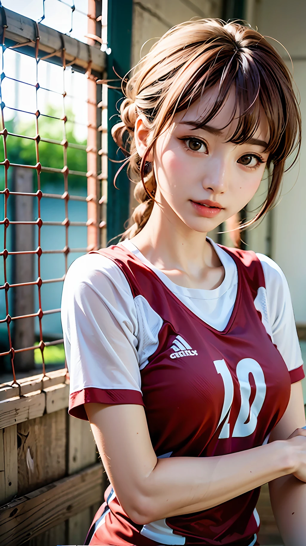 top-quality、masterpiece、超A high resolution、1 girl in、 student、Braided shorthair、A pink-haired、Volleyball tight uniform、Playing volleyball spikes、