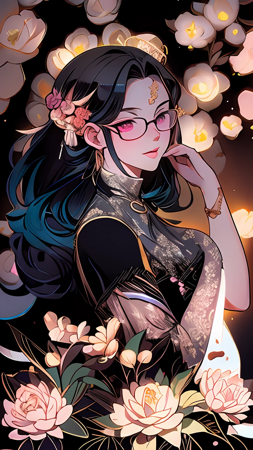 drawing of a woman with blue hair and glasses with flowers in her hair,korean art nouveau anime, beautiful anime artwork, artgerm and james jean, anime art nouveau, beautiful anime art, the flower prince, a beautiful artwork illustration, detailed anime character art, digital art on pixiv, anime fantasy illustration, detailed digital anime art, beautiful fantasy anime, clean detailed anime art, 2 d anime style, decora inspired illustrations, inspired by Yumihiko Amano, anime girl with teal hair, anime style portrait, beautiful anime art style, portrait of jinx from arcane, manga art style, anime style illustration, anime art style, anime style art, anime styled, beautiful line art, detailed manga style, extremely fine ink lineart, black and white manga style, black and white line art, ink manga drawing, intense line art, pencil and ink manga drawing, intense black line art, in style of manga, exquisite line art, perfect lineart,exquisite line art, exquisite digital illustration, detailed digital drawing, black and white coloring, digital anime illustration, a beautiful artwork illustration, detailed matte fantasy portrait, beautiful line art, great digital art with details, goddess. extremely high detail, 4k detailed digital art, stunning digital illustration