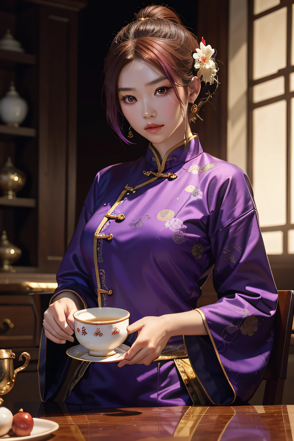 concept-art，China-style，Classical beauty，Make tea on the tea table，Sit upright，Wearing a Chinese tea costume，Tea artist，on cheongsam，Caramel hair styling for short hair，fluorescent purple Hair tie，Equirectangular columnar 360，A high resolution，[（The art of Willie Baumeister：1.1），（John T.Biggs' art：1.2）：：17]，offcial art，Unity 8k壁纸，ultra - detailed，aesthetics，tmasterpiece，best qualtiy，realisticlying