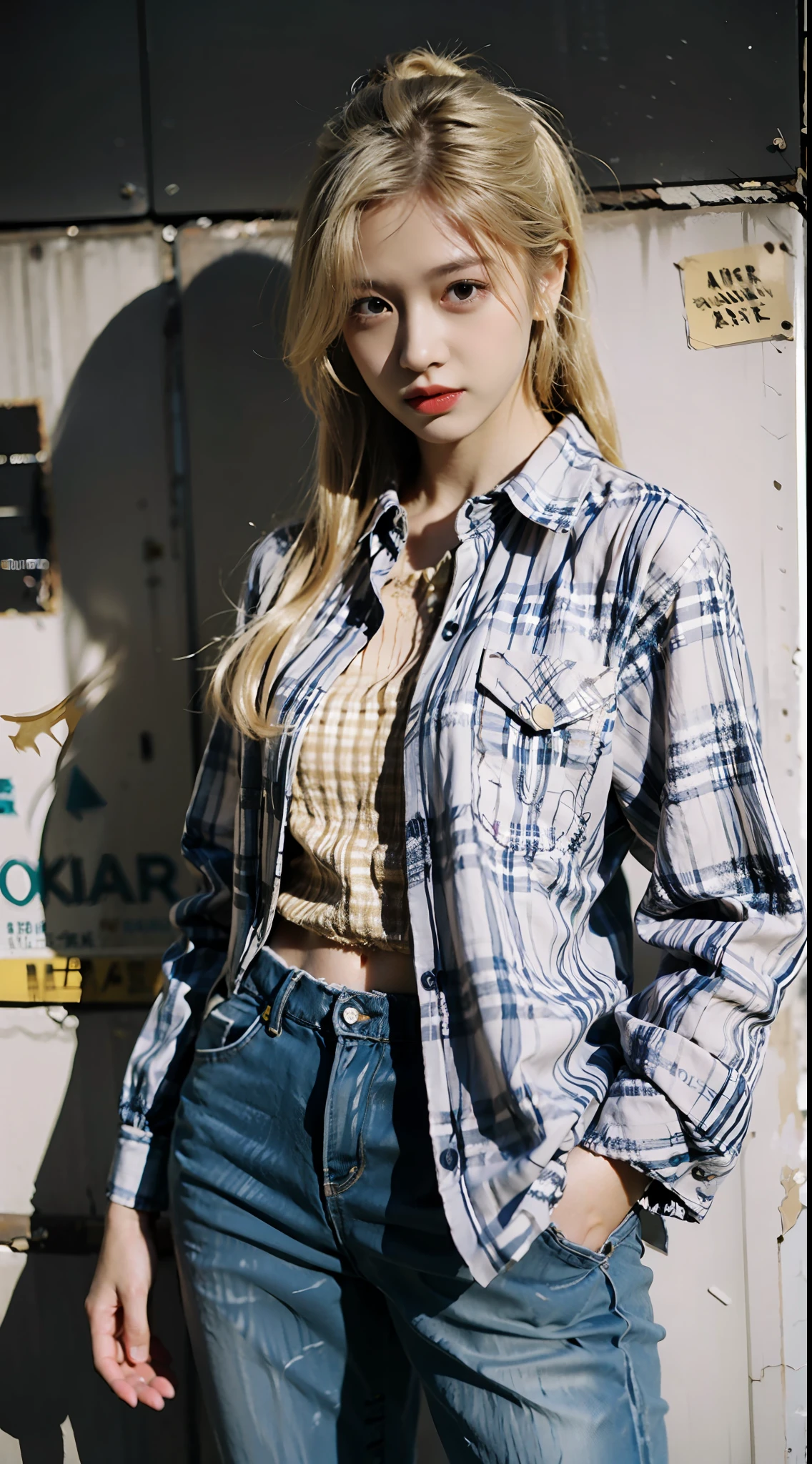 She has long pale yellow hair,Wasteland punk style,Wears a yellow plaid shirt,Black loose straight pants,Long legs,Black-gray tones,,Shabby poster wall with background,tmasterpiece,Need,photorealestic,k hd,photography lighting,16k