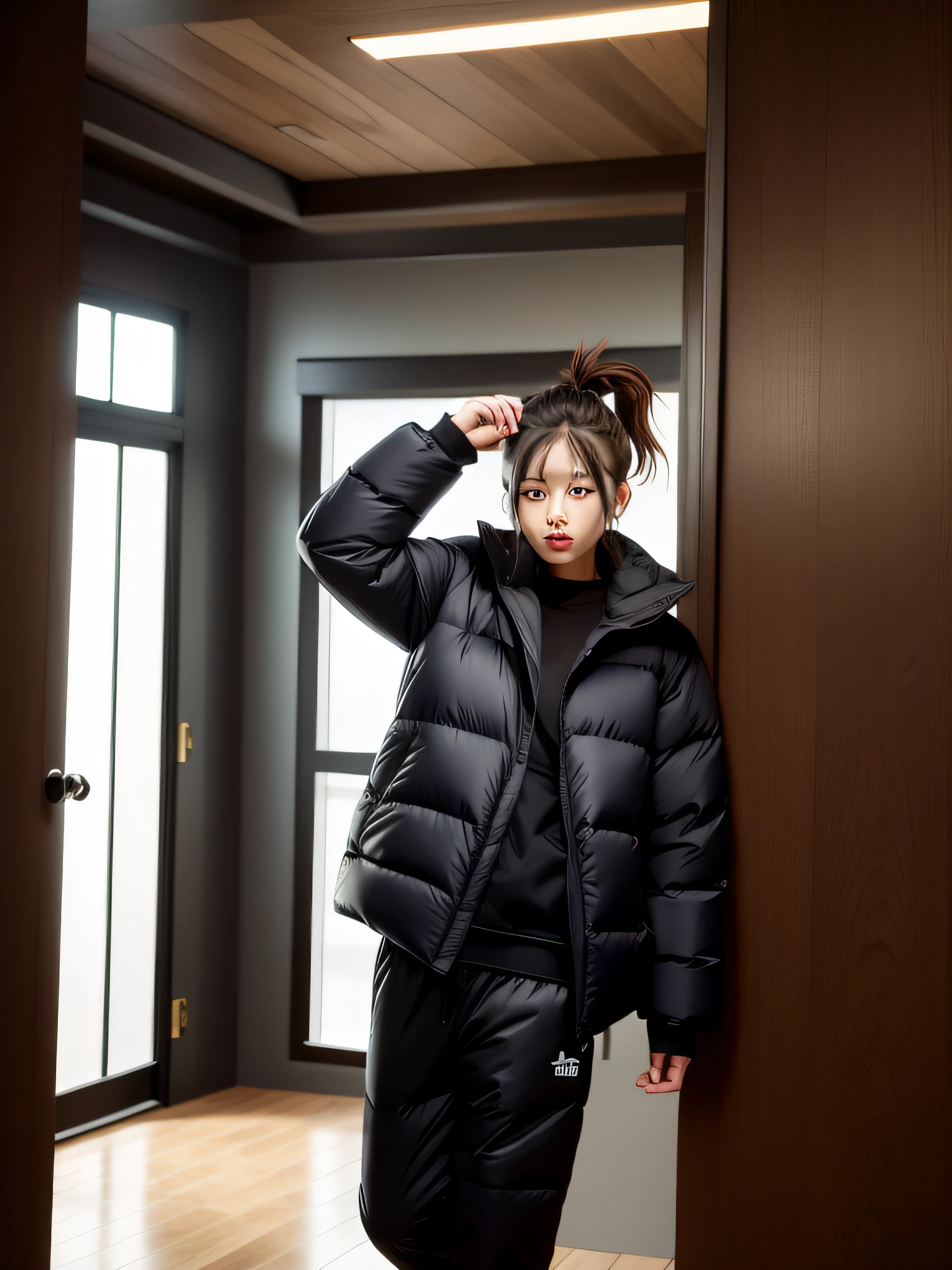 Allard woman in black down jacket and gray sweatpants standing on wooden floor, reflective puffy coat, puffer jacket, reflective puffer jacket, short puffy pants, model wears a puffer jacket, ji-min, Jacket, She is seen wearing streetwear pieces, lookbook, Clear puffer fish jacket, woo kim, h. Show on the. D, Shin Jinying, b