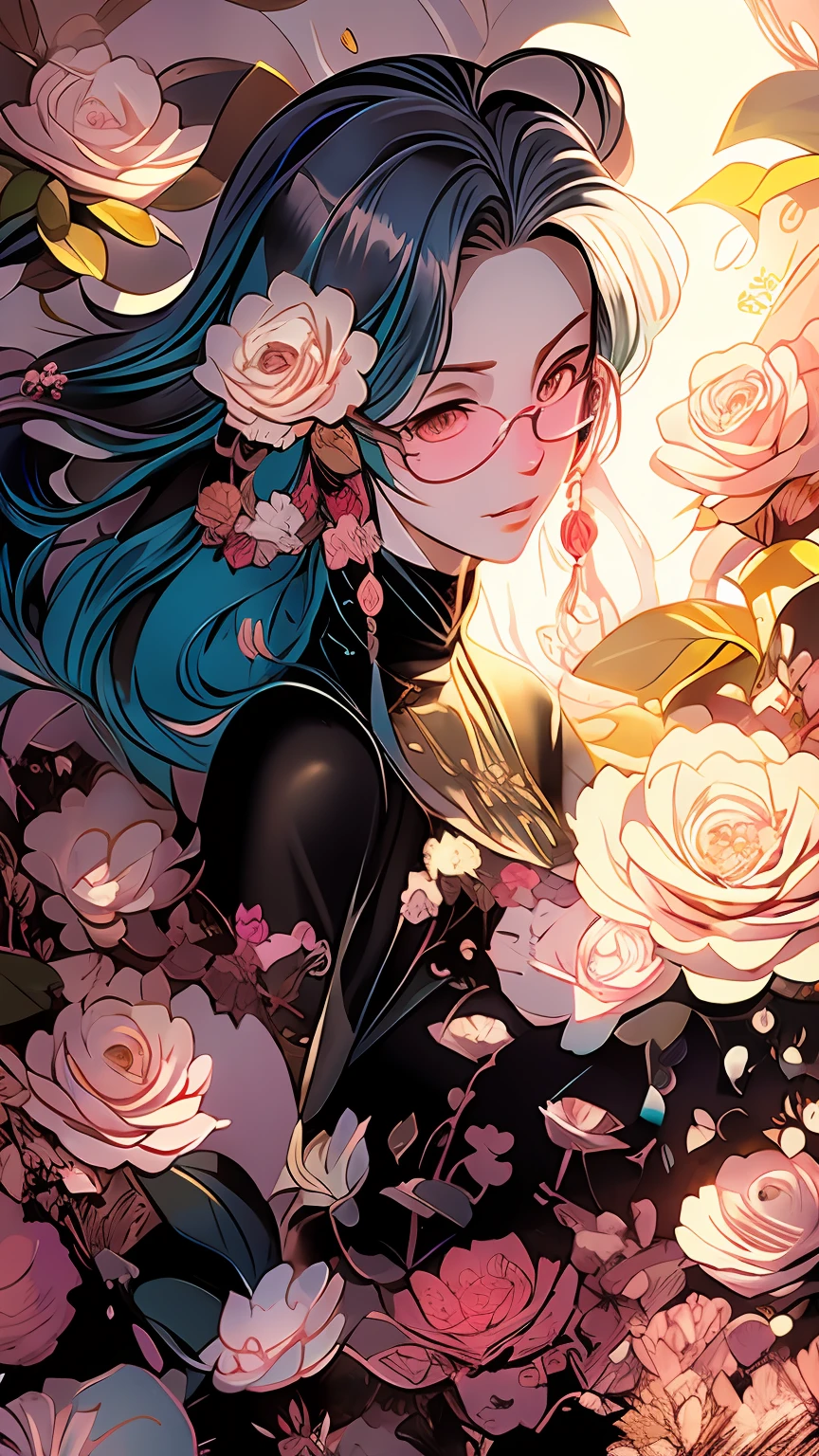 drawing of a woman with blue hair and glasses with flowers in her hair,korean art nouveau anime, beautiful anime artwork, artgerm and james jean, anime art nouveau, beautiful anime art, the flower prince, a beautiful artwork illustration, detailed anime character art, digital art on pixiv, anime fantasy illustration, detailed digital anime art, beautiful fantasy anime, clean detailed anime art, 2 d anime style, decora inspired illustrations, inspired by Yumihiko Amano, anime girl with teal hair, anime style portrait, beautiful anime art style, portrait of jinx from arcane, manga art style, anime style illustration, anime art style, anime style art, anime styled, beautiful line art, detailed manga style, extremely fine ink lineart, black and white manga style, black and white line art, ink manga drawing, intense line art, pencil and ink manga drawing, intense black line art, in style of manga, exquisite line art, perfect lineart,exquisite line art, exquisite digital illustration, detailed digital drawing, black and white coloring, digital anime illustration, a beautiful artwork illustration, detailed matte fantasy portrait, beautiful line art, great digital art with details, goddess. extremely high detail, 4k detailed digital art, stunning digital illustration