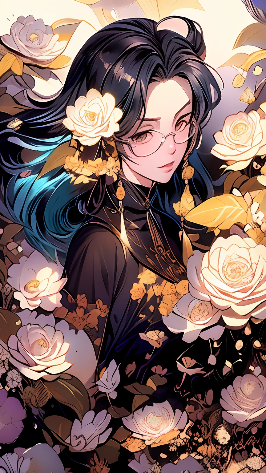 drawing of a woman with blue hair and glasses with flowers in her hair,korean art nouveau anime, beautiful anime artwork, artgerm and james jean, anime art nouveau, beautiful anime art, the flower prince, a beautiful artwork illustration, detailed anime character art, digital art on pixiv, anime fantasy illustration, detailed digital anime art, beautiful fantasy anime, clean detailed anime art, 2 d anime style, decora inspired illustrations, inspired by Yumihiko Amano, anime girl with teal hair, anime style portrait, beautiful anime art style, portrait of jinx from arcane, manga art style, anime style illustration, anime art style, anime style art, anime styled, beautiful line art, detailed manga style, extremely fine ink lineart, black and white manga style, black and white line art, ink manga drawing, intense line art, pencil and ink manga drawing, intense black line art, in style of manga, exquisite line art, perfect lineart,exquisite line art, exquisite digital illustration, detailed digital drawing, black and white coloring, digital anime illustration, a beautiful artwork illustration, detailed matte fantasy portrait, beautiful line art, great digital art with details, goddess. extremely high detail, 4k detailed digital art, stunning digital illustration