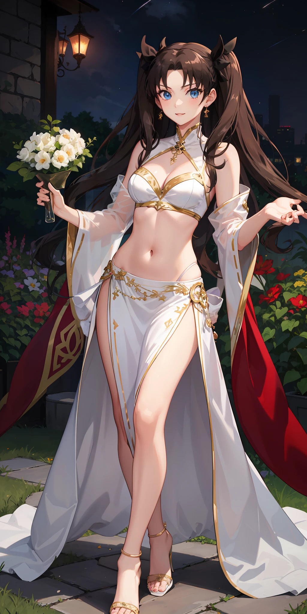 long hair, black hair, medium breast, slim legs, happy, white gown, cleavage, arabian belly dancer , skirt, rin tohsaka, twin tail, navel, garden, night, blue eyes, posing