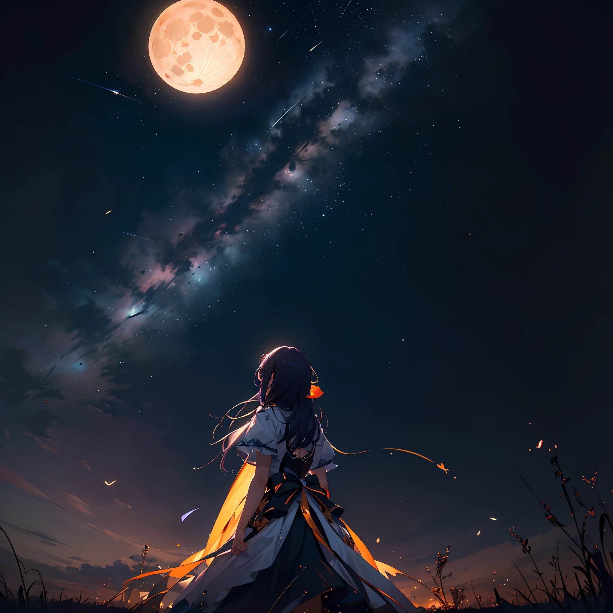 Vast landscape photo, (viewed from below, the sky is above and the open field is below), a girl standing on a flower field looking up, (full moon: 1.2), (meteor: 0.9), (nebula: 1.3), distant mountains , Trees BREAK Crafting Art, (Warm Light: 1.2), (Fireflies: 1.2), Lights, Lots of Purple and Orange, Intricate Details, Volumetric Lighting, Realism BREAK (Masterpiece: 1.2), (Best Quality), 4k, Ultra-Detailed, (Dynamic Composition: 1.4), Very Detailed, Colorful Details, (Rainbow Colors: 1.2), (Glow Lighting, Atmospheric Lighting), Dreamy, Magical, (Solo: 1.2) --auto