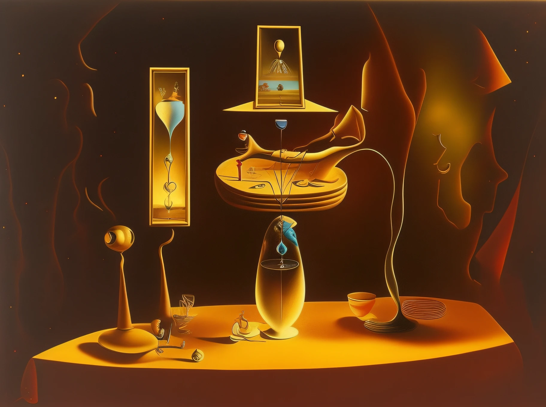 Painting of a woman sitting at a table drinking wine, Dali style, surrealism art, surrealist art, by Dali, Dalí's style, salvador dali style, masterpiece surrealism, abstract surrealism masterpiece, Surrealist art style, surrealism painting, surrealist artwork, style of salvador dali, surrealism painting, a surrealist painting, inspired by Dalí, by Salvador Dali