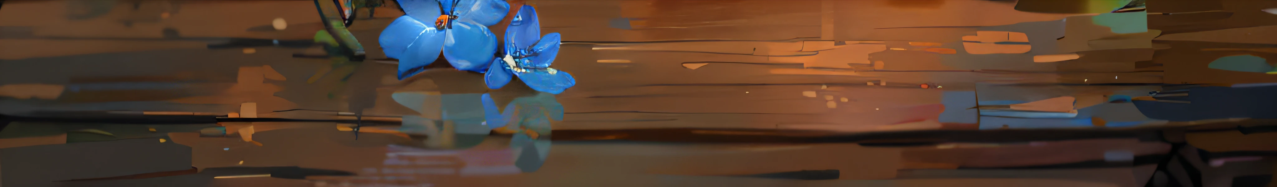 Long wooden table top,high definition detail,There are two blue flowers on it