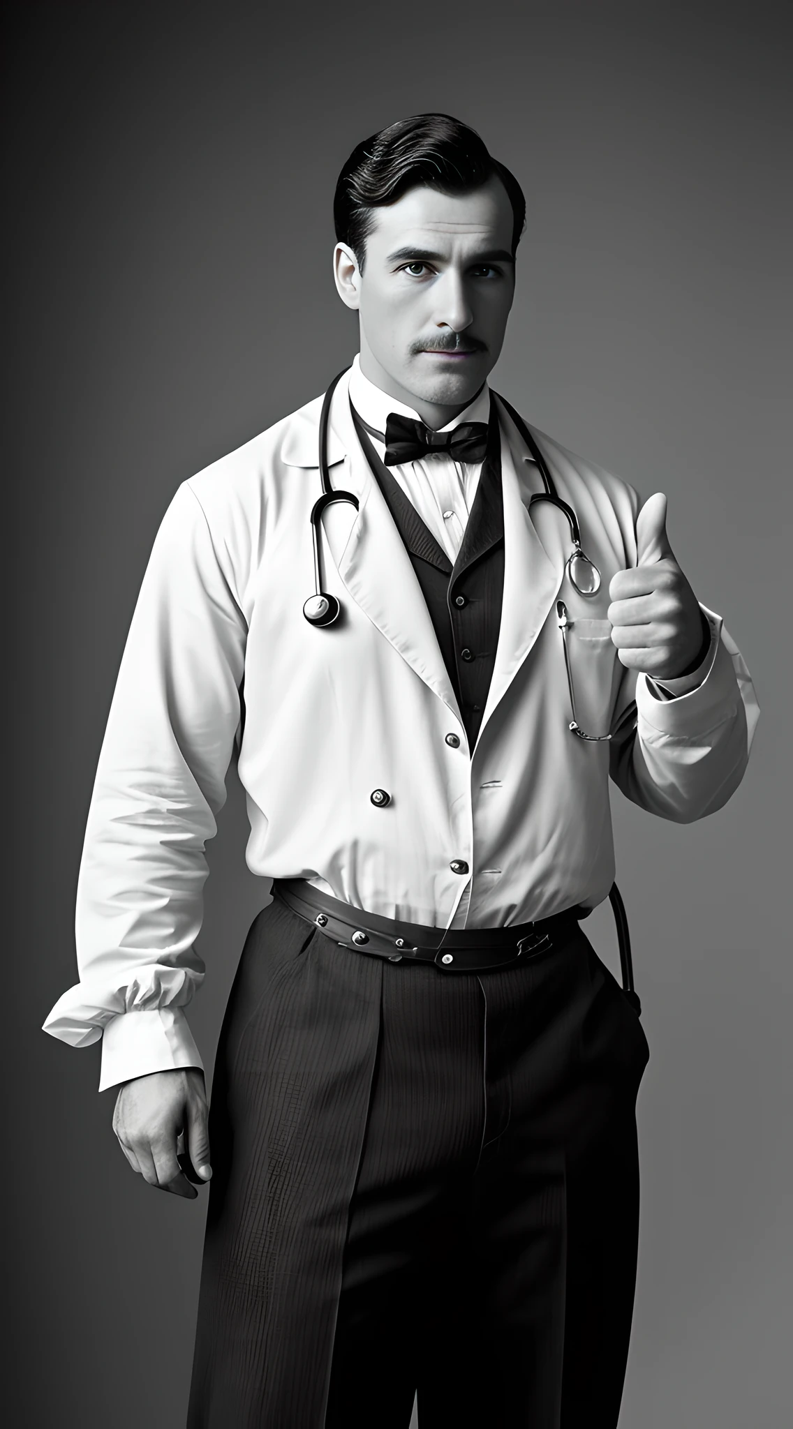 {A muscular Victorian-era doctor posing with a thumbs up. He wears traditional 19th-century doctor's attire, complete with a stethoscope draped around his neck. His face carries an expression of worry}, Art Style: (Vintage Cartoon:1.2), Art Inspirations: Norman Rockwell, Camera: 70mm, Shot: Front View, Render Related Information: (Detailed:1.25), (Sepia Tone:1.2), (Professional:1.1)