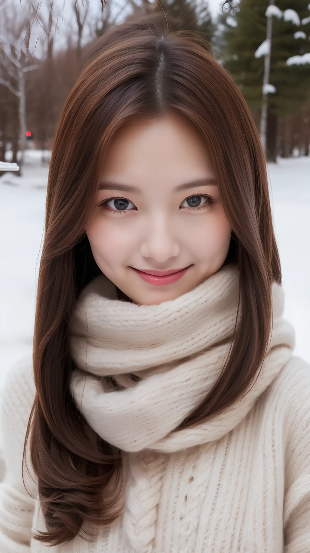 realistic photos of (1 cute Korean star) straight hair, thin makeup, medium breasts size, slightly smile wearing sweater and scarf ,selfie, at snow town, snow fall, upper body portrait, RAW photo