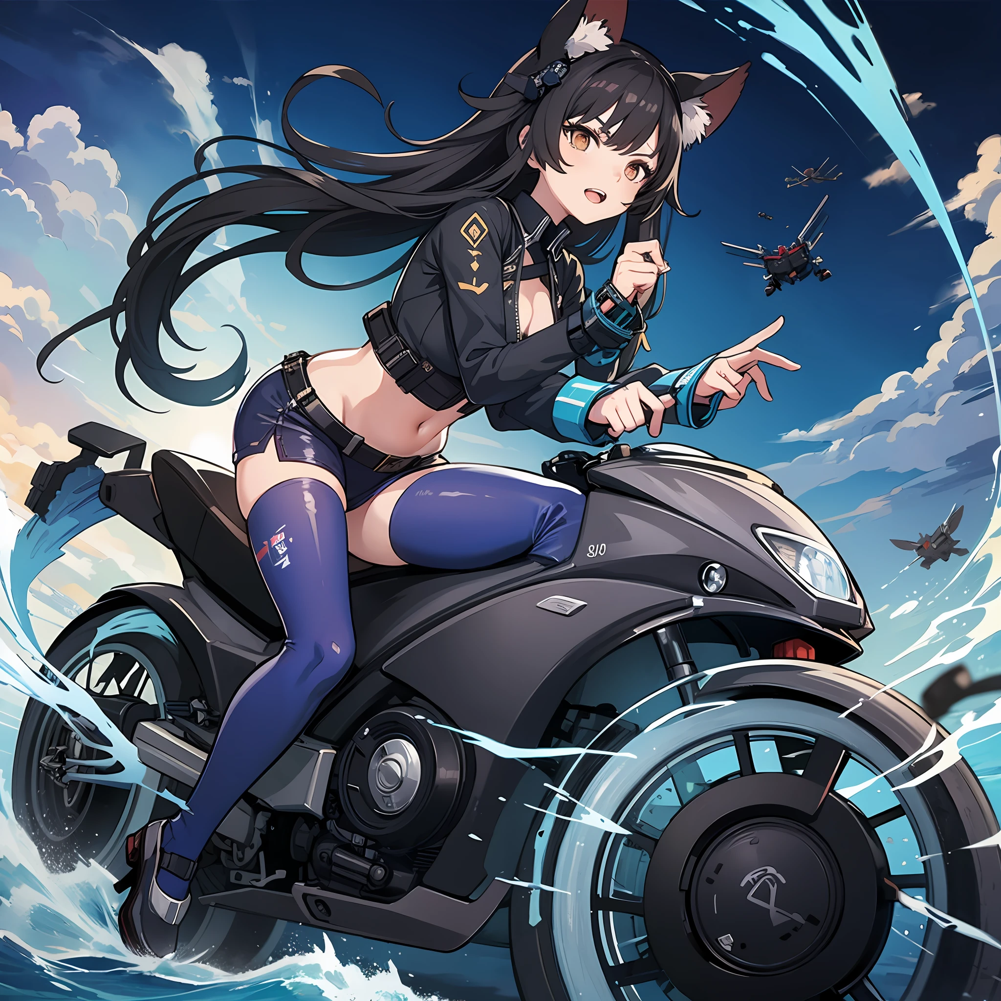 Anime girl riding motorcycle in the ocean,Carrying a cat on his back, Kantai collection style, 《Ghost Wind Special Assault Team》The art of pixels, Fully robotic!! cat woman, trending on artstation pixiv, azur lane style, A scene from the《azur lane》videogame, anime moe art style, Official anime artwork, Official artwork, Mechanized Valkyrie girl, high detailed official artwork