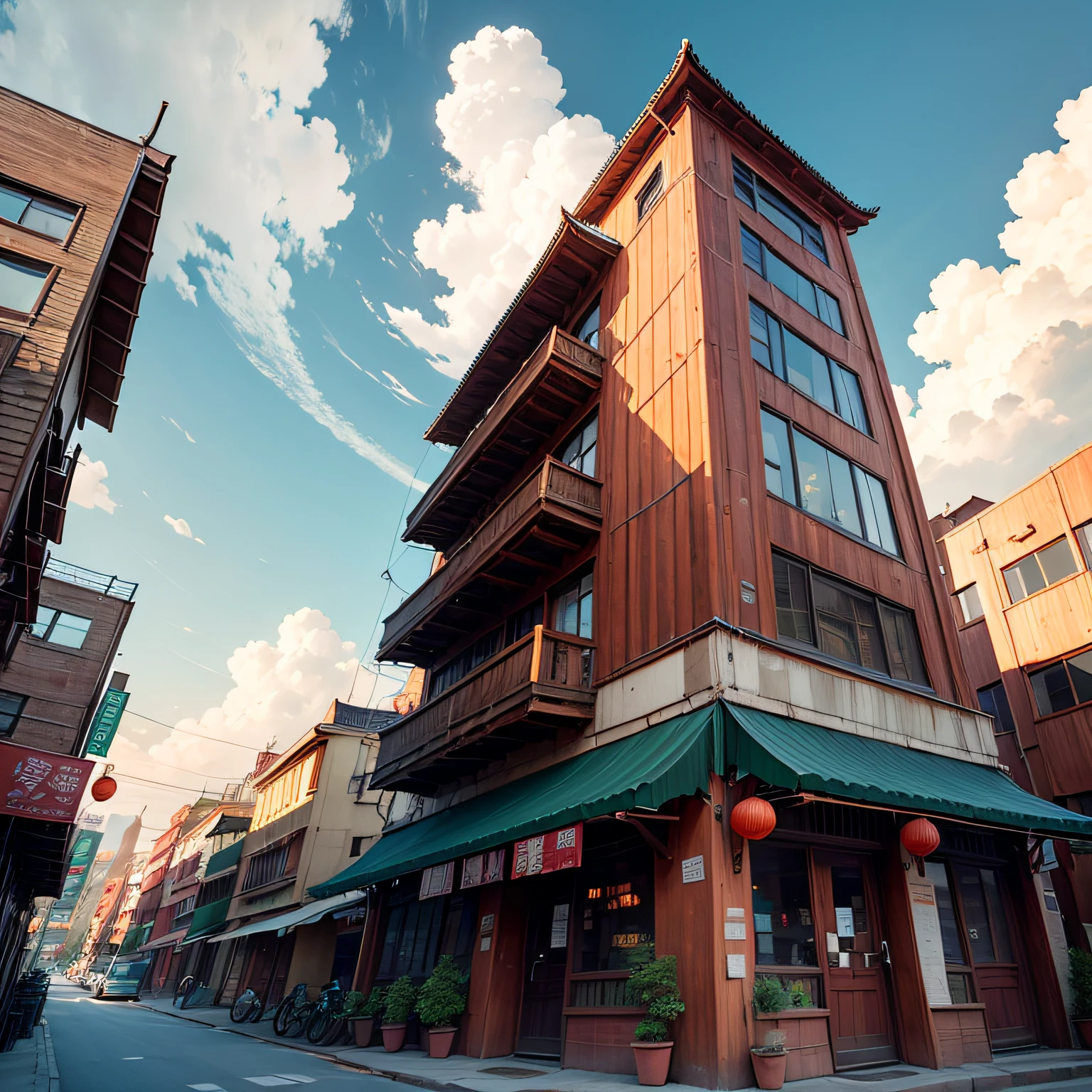 Ancient wind，Quaint，Chinese，Restaurant hostel，towering，The exterior of the entire building，wood，high rise，towering，Located in a bustling downtown area，Individual building，with blue sky and white clouds