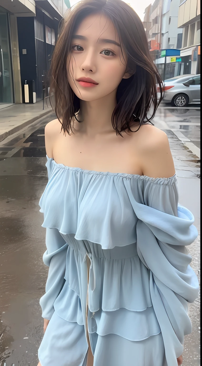 ((Best Quality, 8K, Masterpiece:1.3)), Focus: 1.2, Perfect Body Beauty: 1.4, Buttocks: 1.2, ((Layered Haircut, Breasts: 1.2)), (Wet Clothes: 1.1) , (Rain, Street:1.3), Bandeau Dress: 1.1, Highly Detailed Face and Skin Texture, Delicate Eyes, Double Eyelids, Whitened Skin, Long Hair