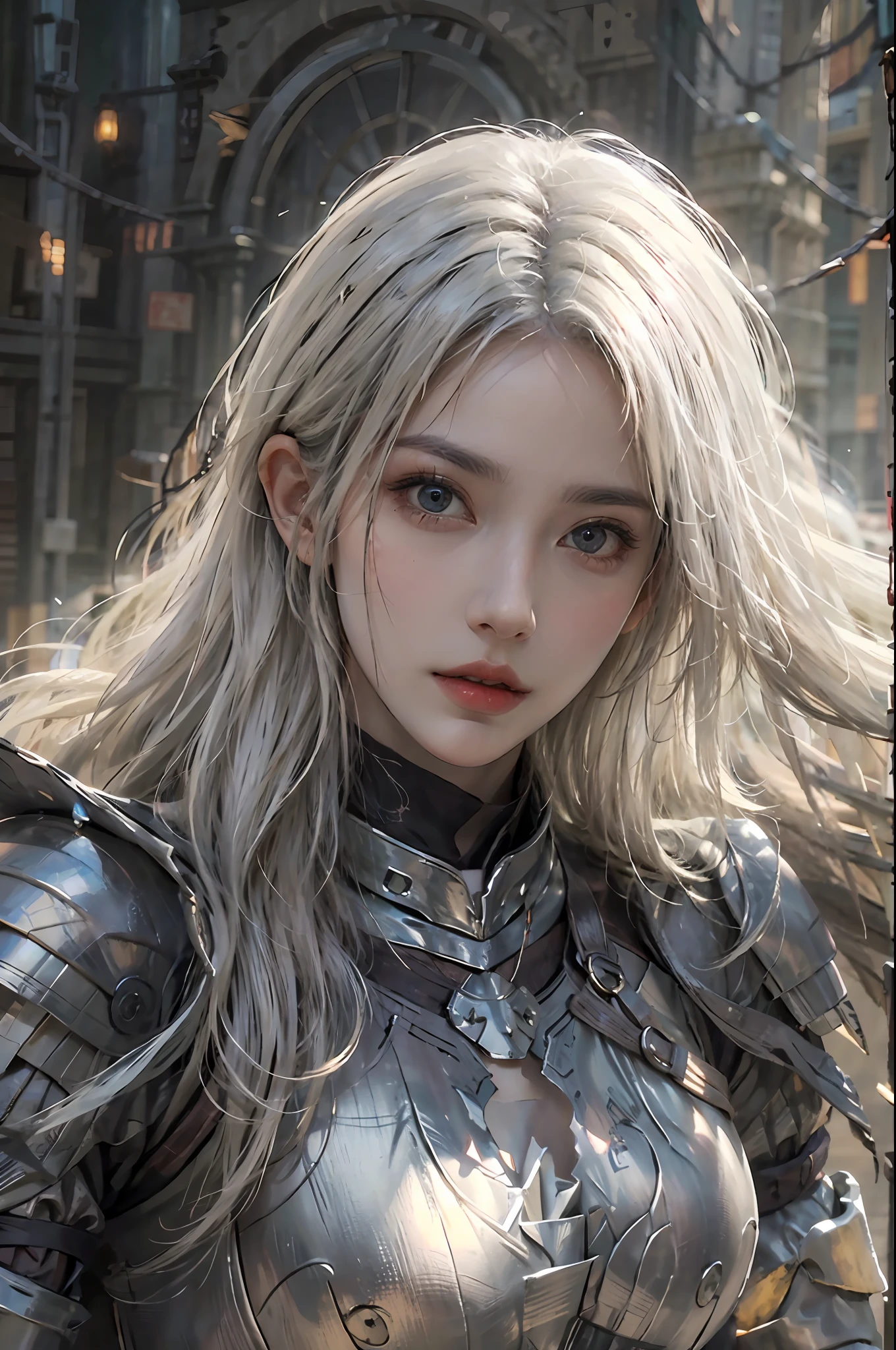 photorealistic, high resolution, 1 girl, hips up, white long hair, beautiful eyes, normal breast, dark souls style, knight armor