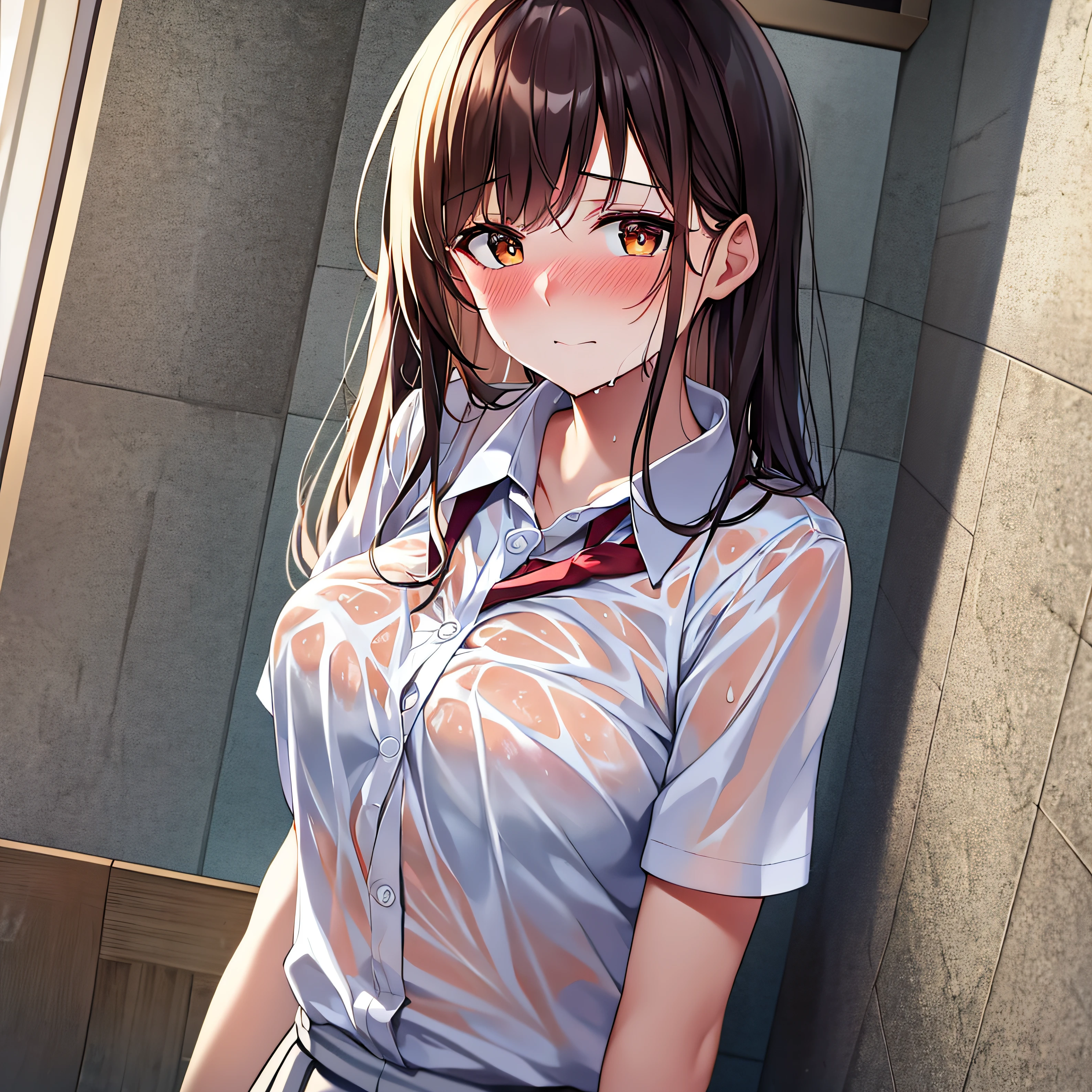 Sister, wearing school uniform, wet and bra see-through, 8K, Best quality, , looking at camera, red cheeks, embarrassed, delicate hands, own room, I like my brother, I put my brother's hand on my chest