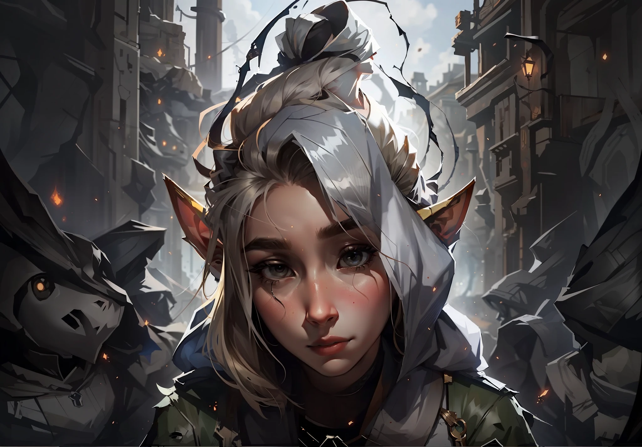 A female elf，Bow your head slightly，Beautiful and moving，There are enemies in the background， Stylish and simple